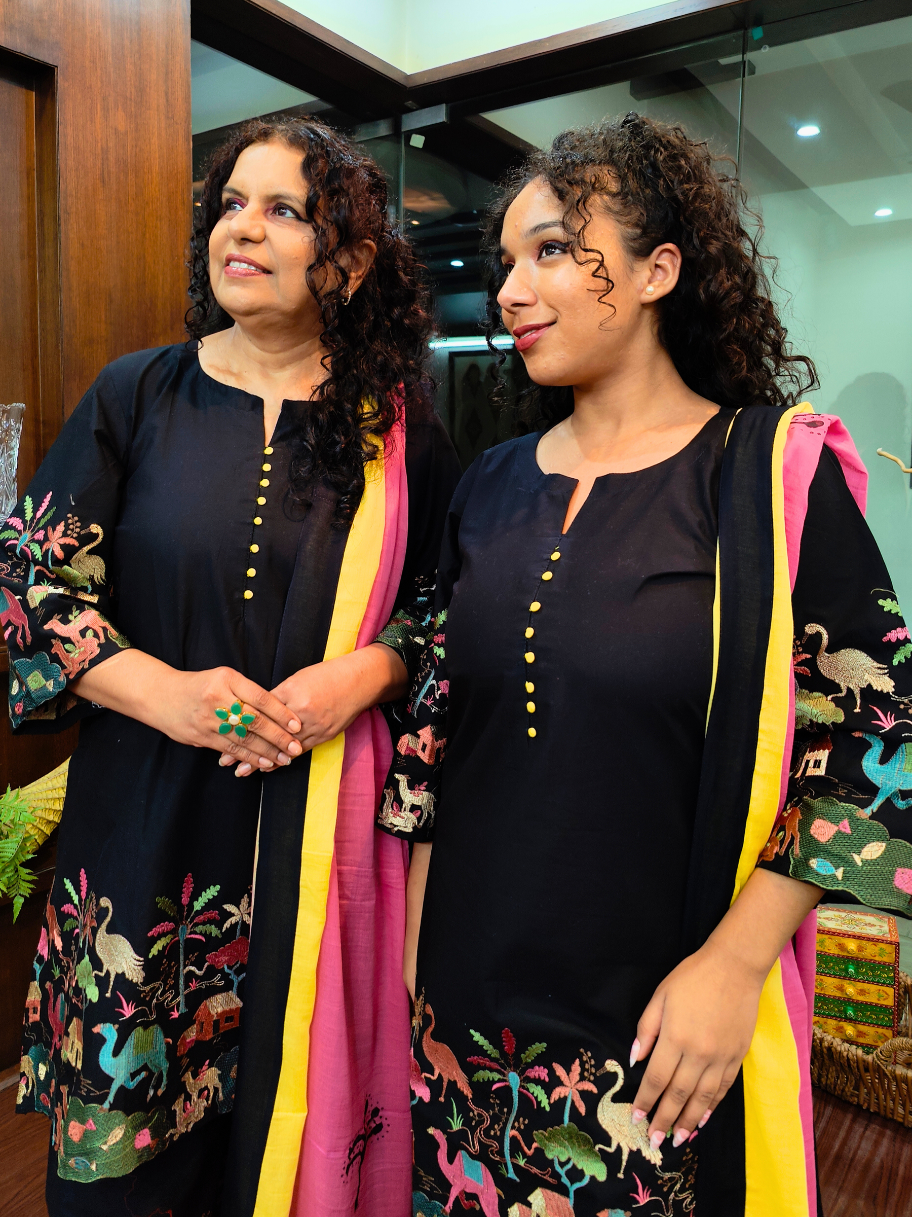 Black Multi Coloured Embroidered Cotton Stitched Suit Set