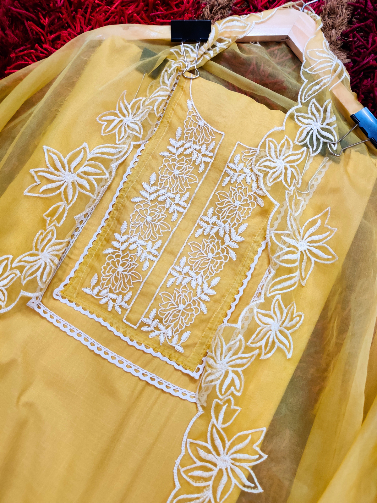 Yellow Cotton Embroidered Unstitched Dress Material Suit Set