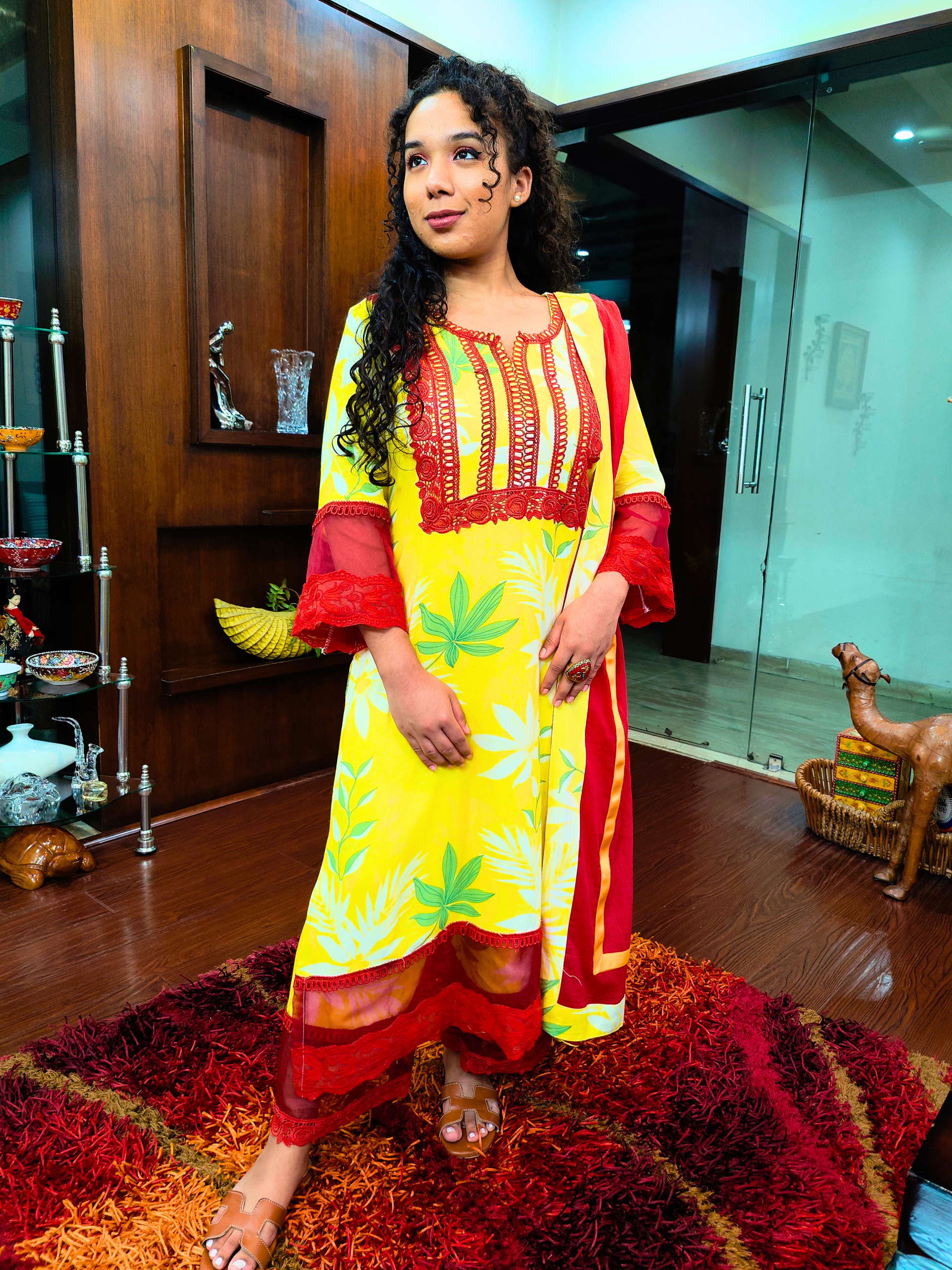 Lime Yellow Digital Printed Red Lace Cotton Stitched Suit Set