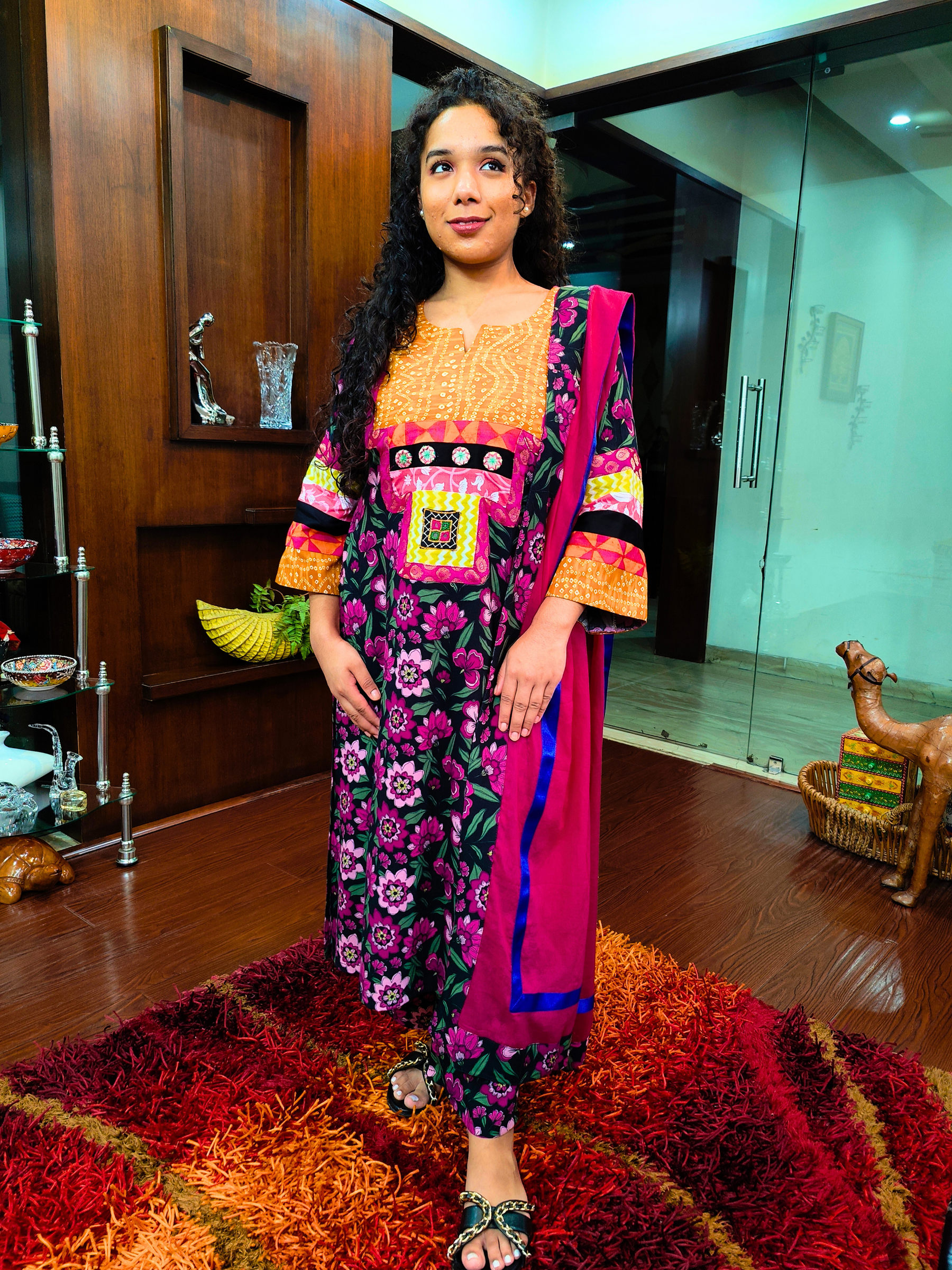 Black Floral Real Mirrors Cotton Stitched Suit Set