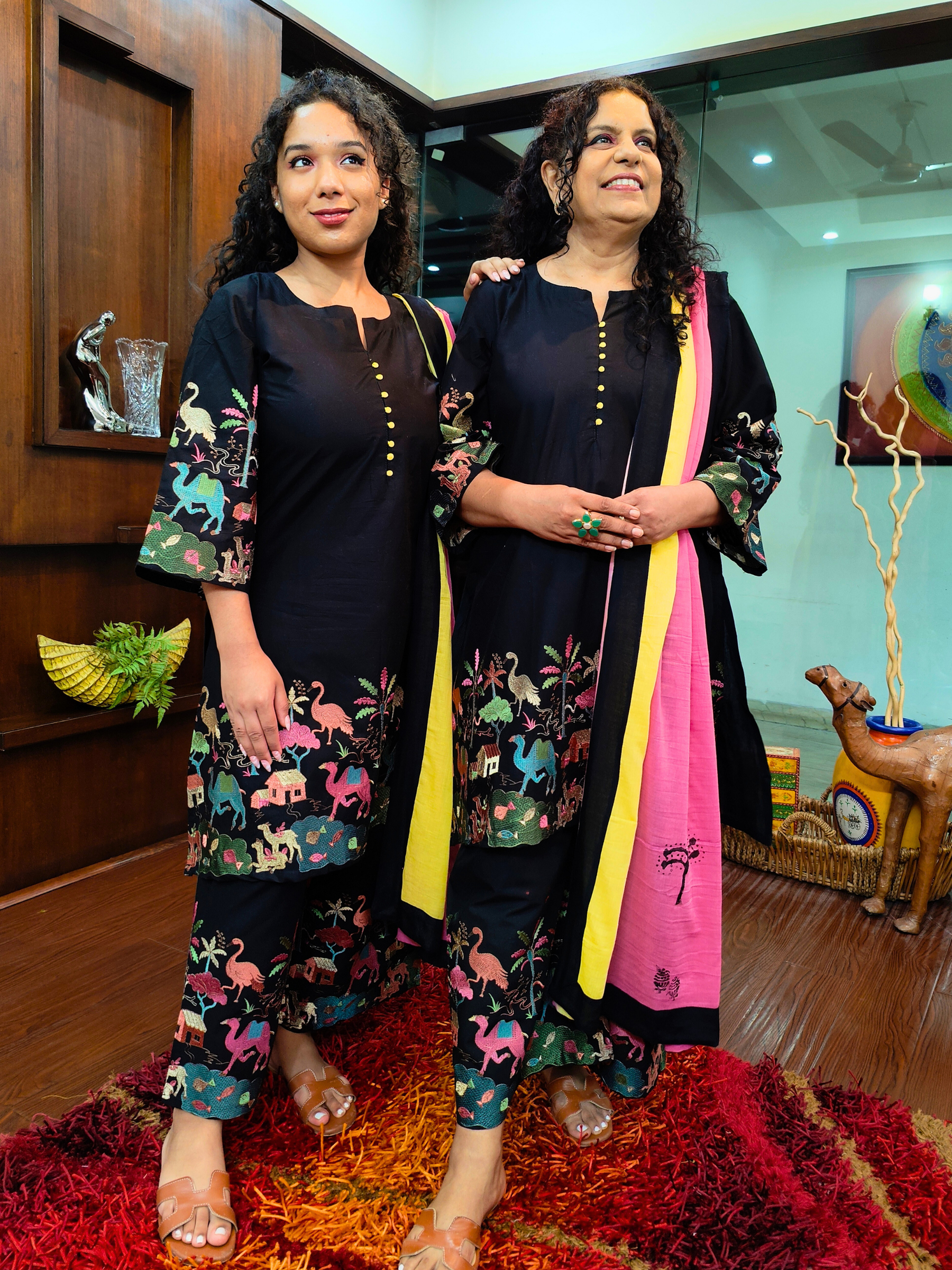 Black Multi Coloured Embroidered Cotton Stitched Suit Set