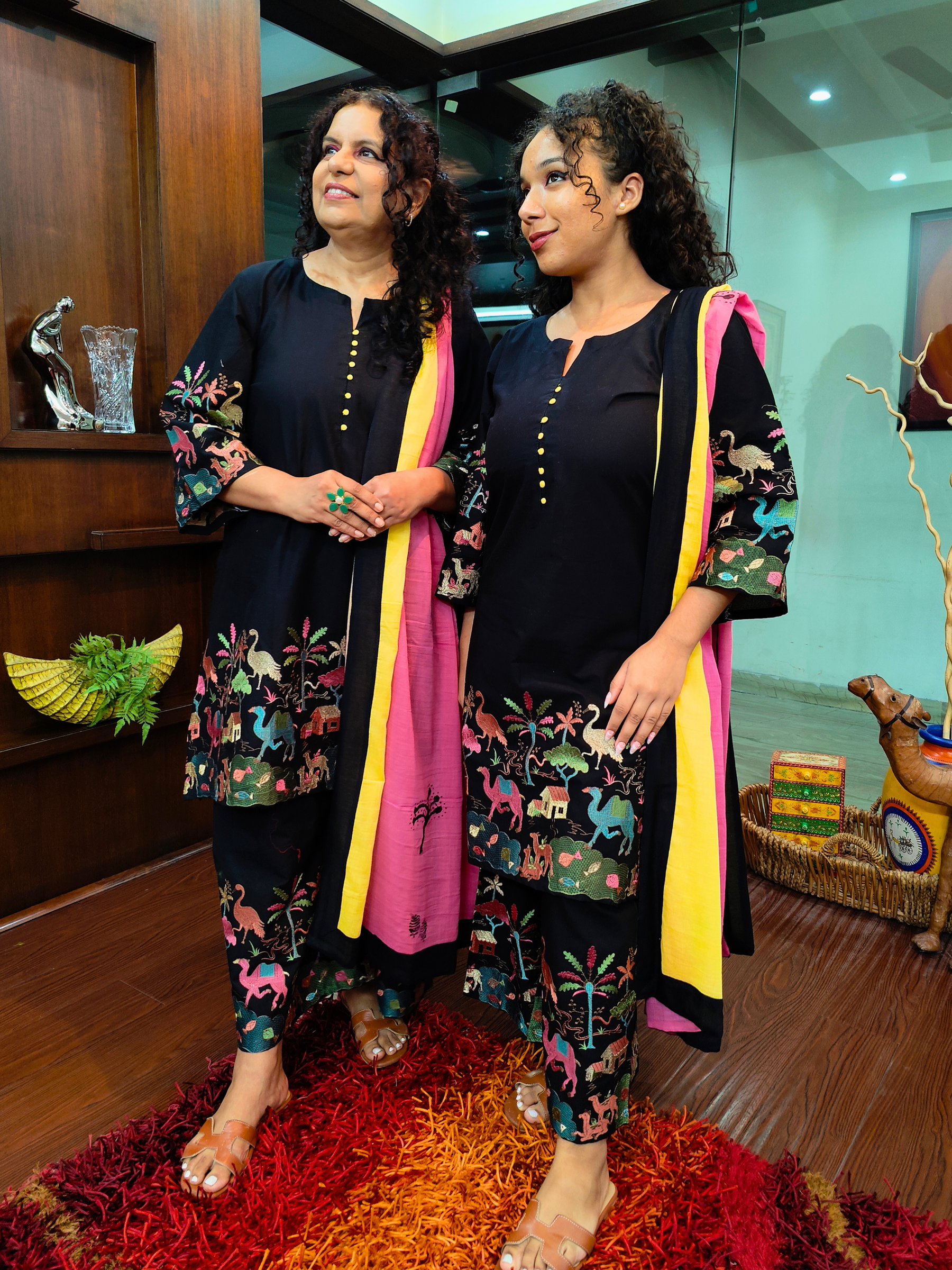 Black Multi Coloured Embroidered Cotton Stitched Suit Set