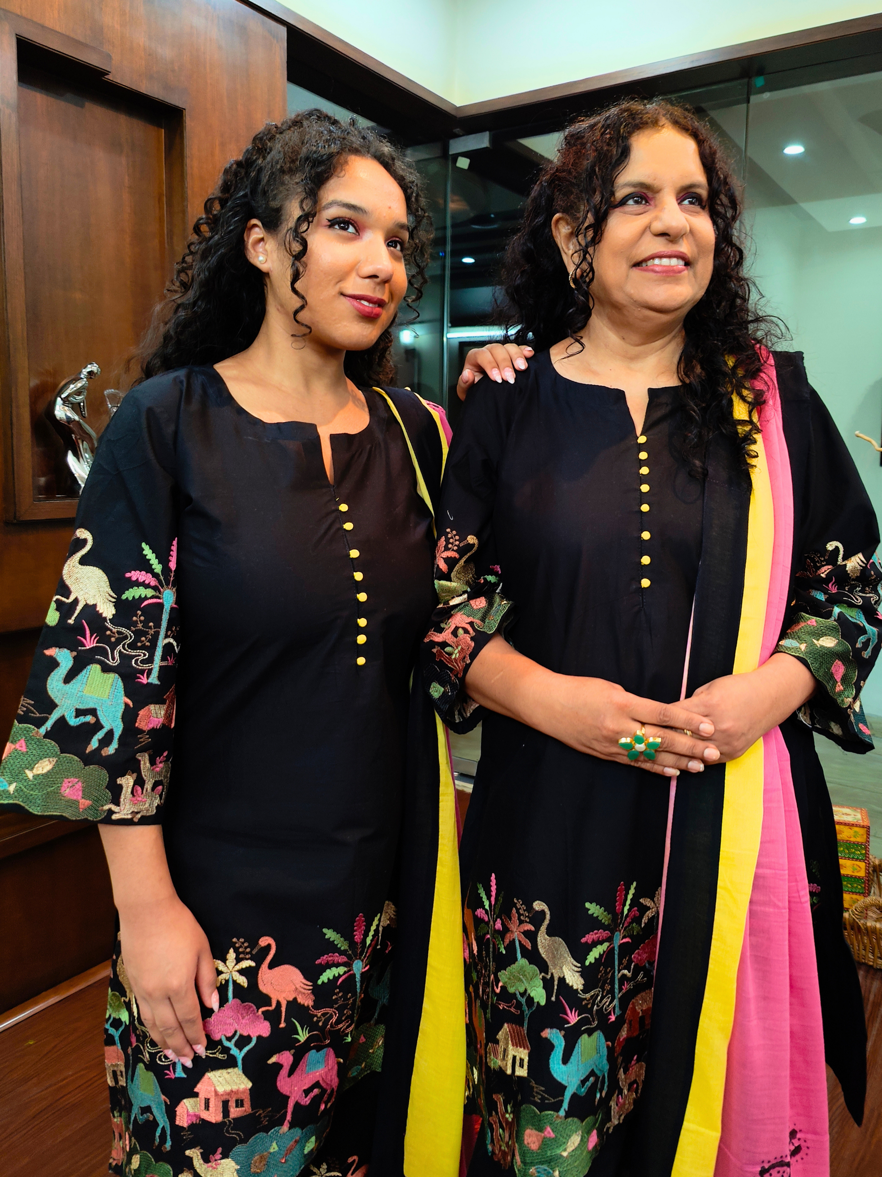 Black Multi Coloured Embroidered Cotton Stitched Suit Set