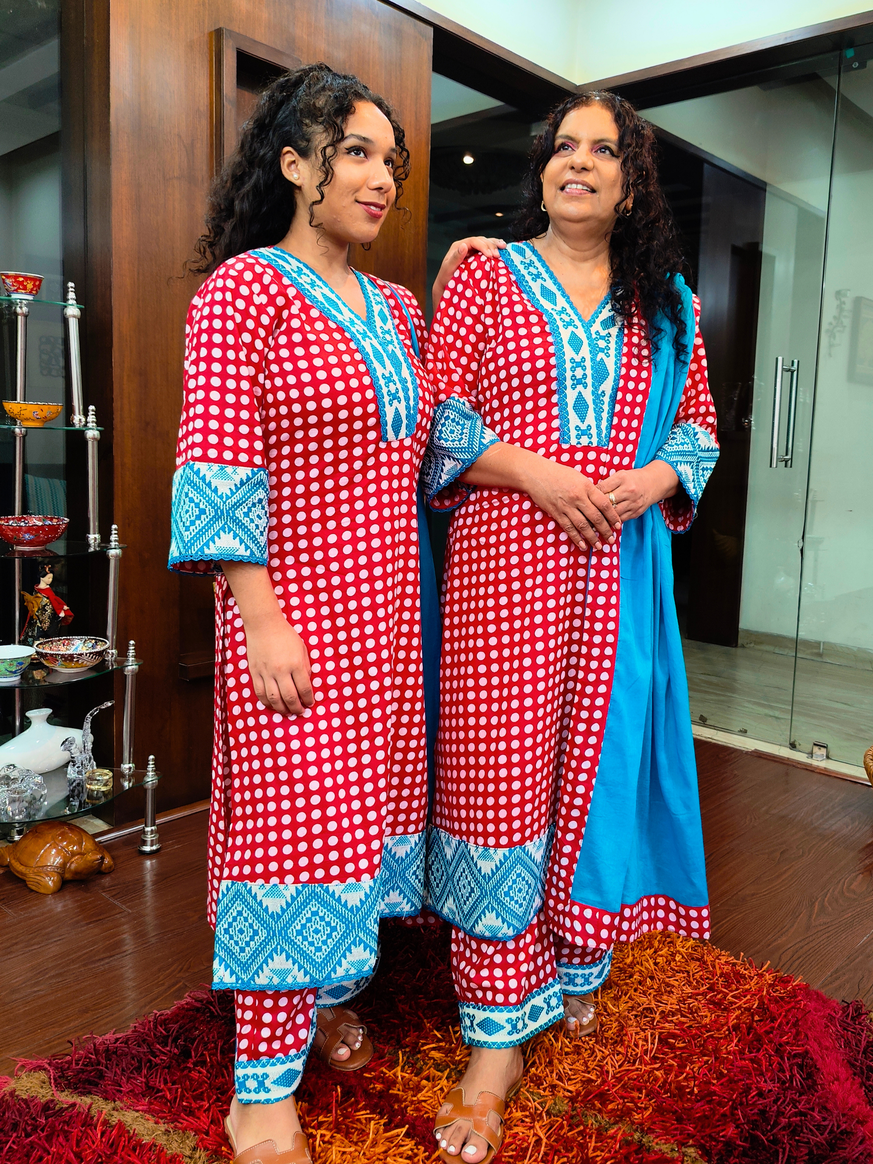 LRed Polka Dot Embroidered Cotton Stitched Suit Set