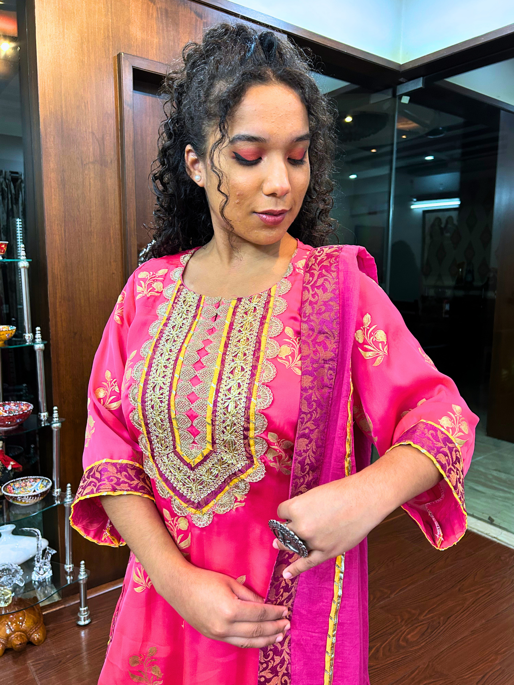 Magenta Silk Handblock Banarsi Gota Stitched Suit Set