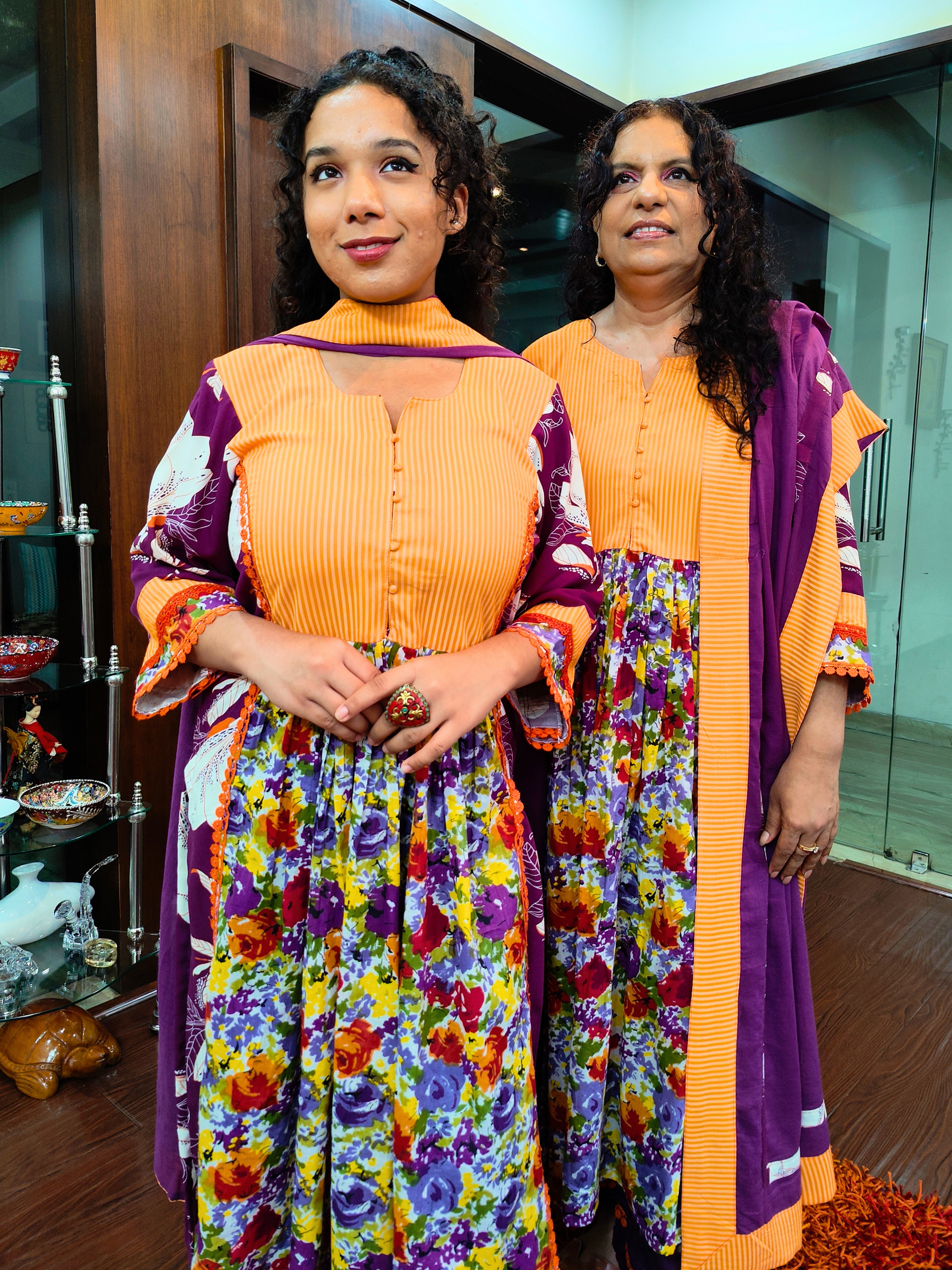 Purple Floral Handblock Orange Lace Cotton Stitched Suit Set