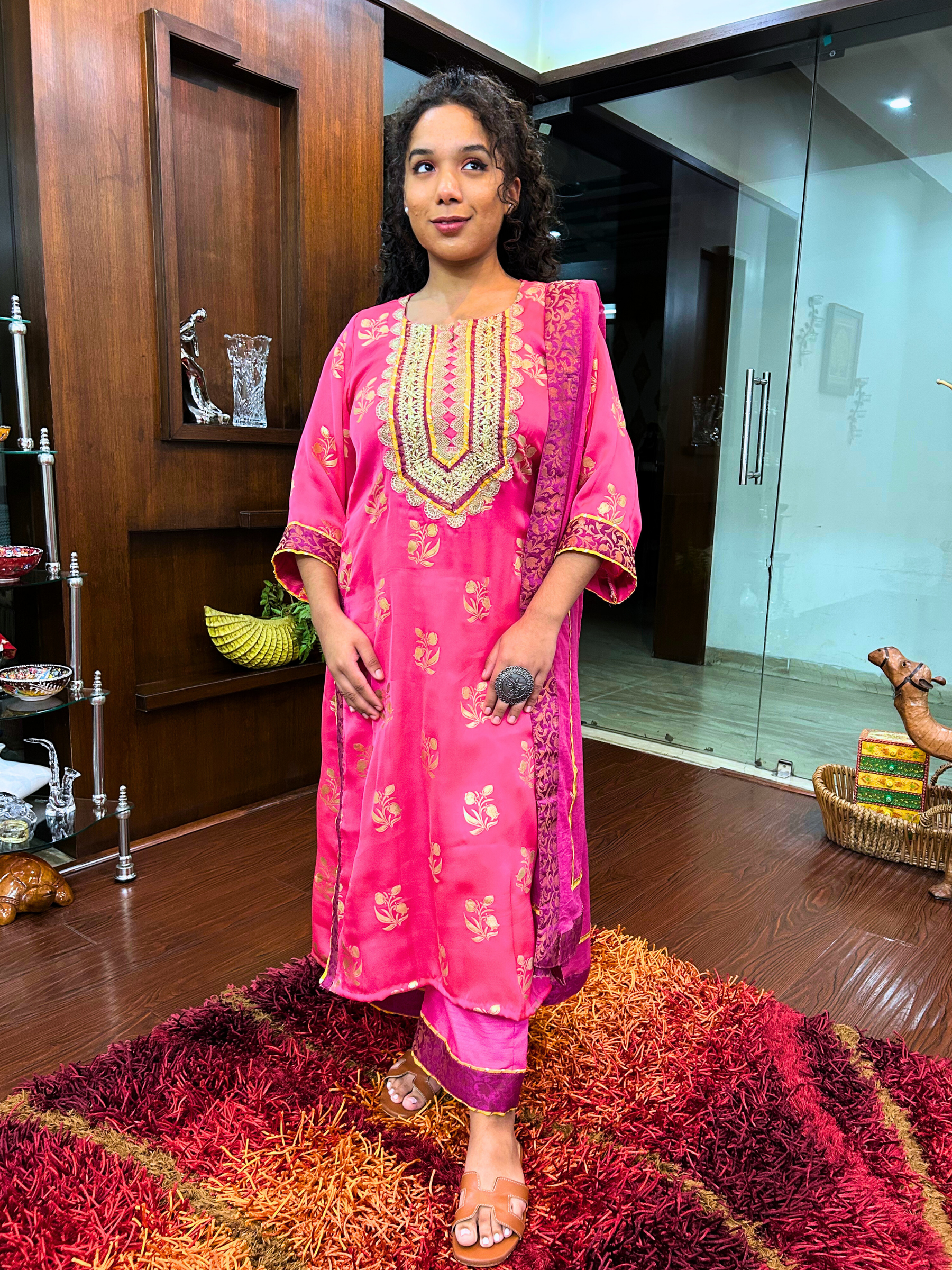 Magenta Silk Handblock Banarsi Gota Stitched Suit Set