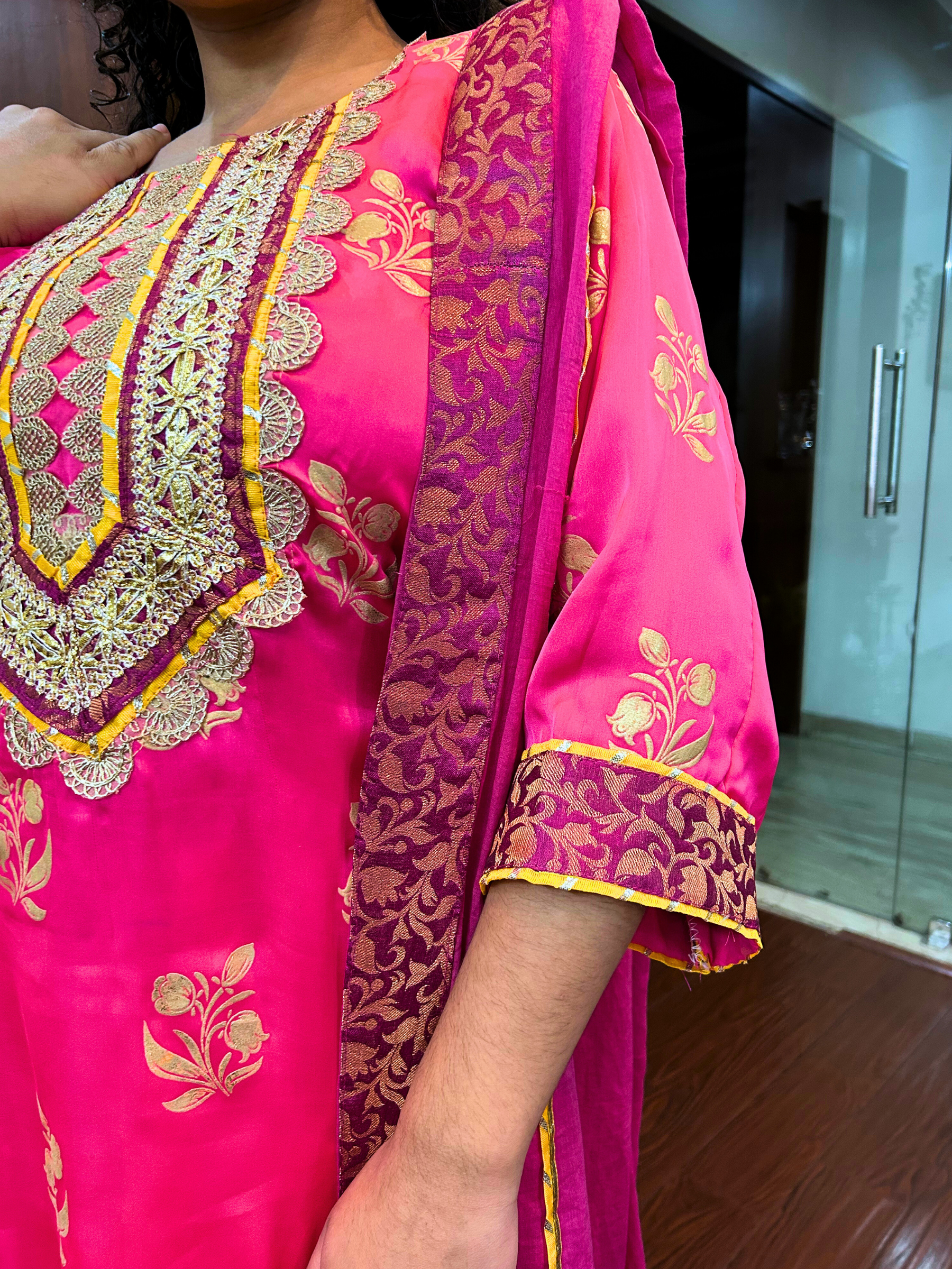 Magenta Silk Handblock Banarsi Gota Stitched Suit Set