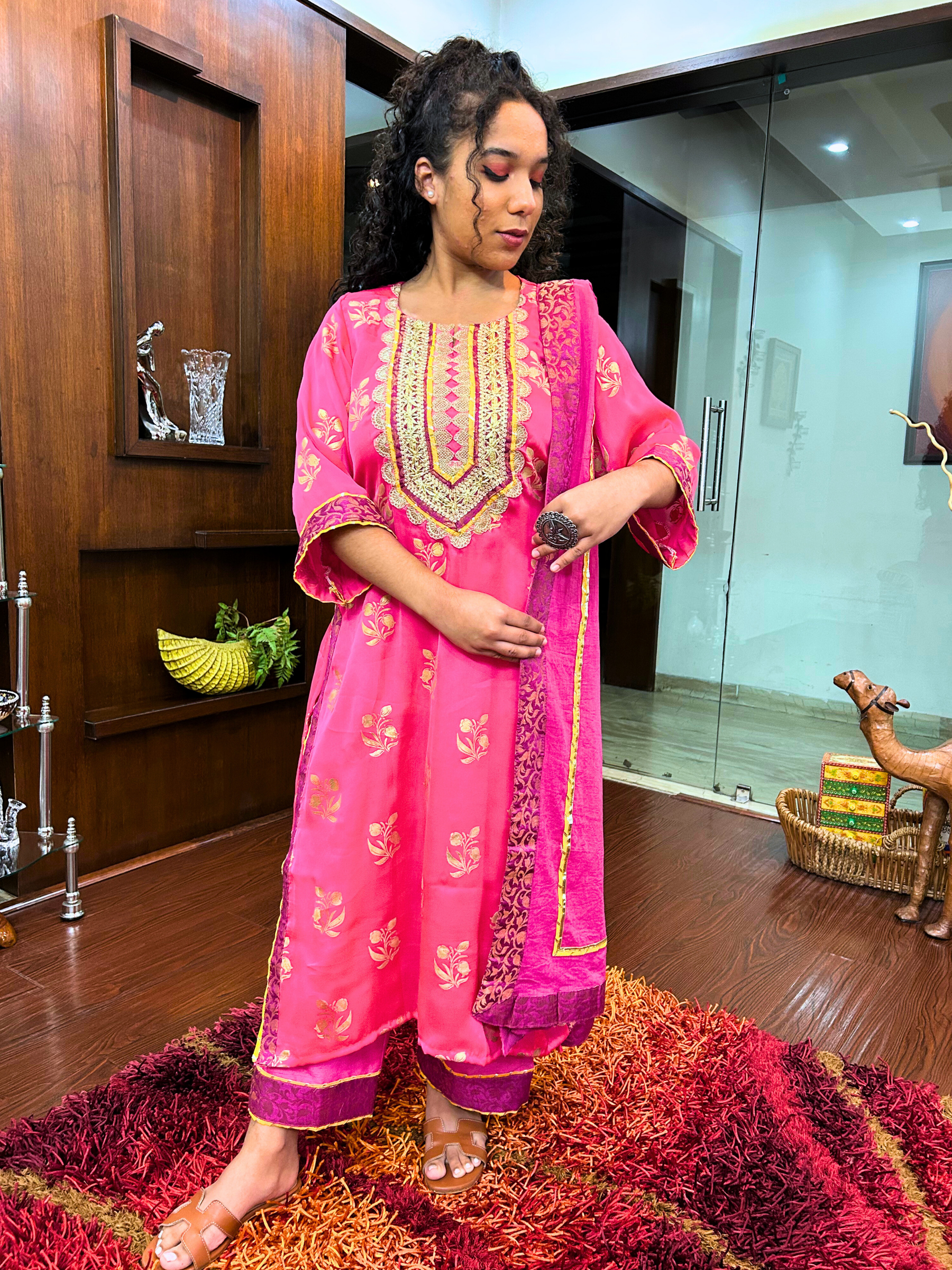 Magenta Silk Handblock Banarsi Gota Stitched Suit Set