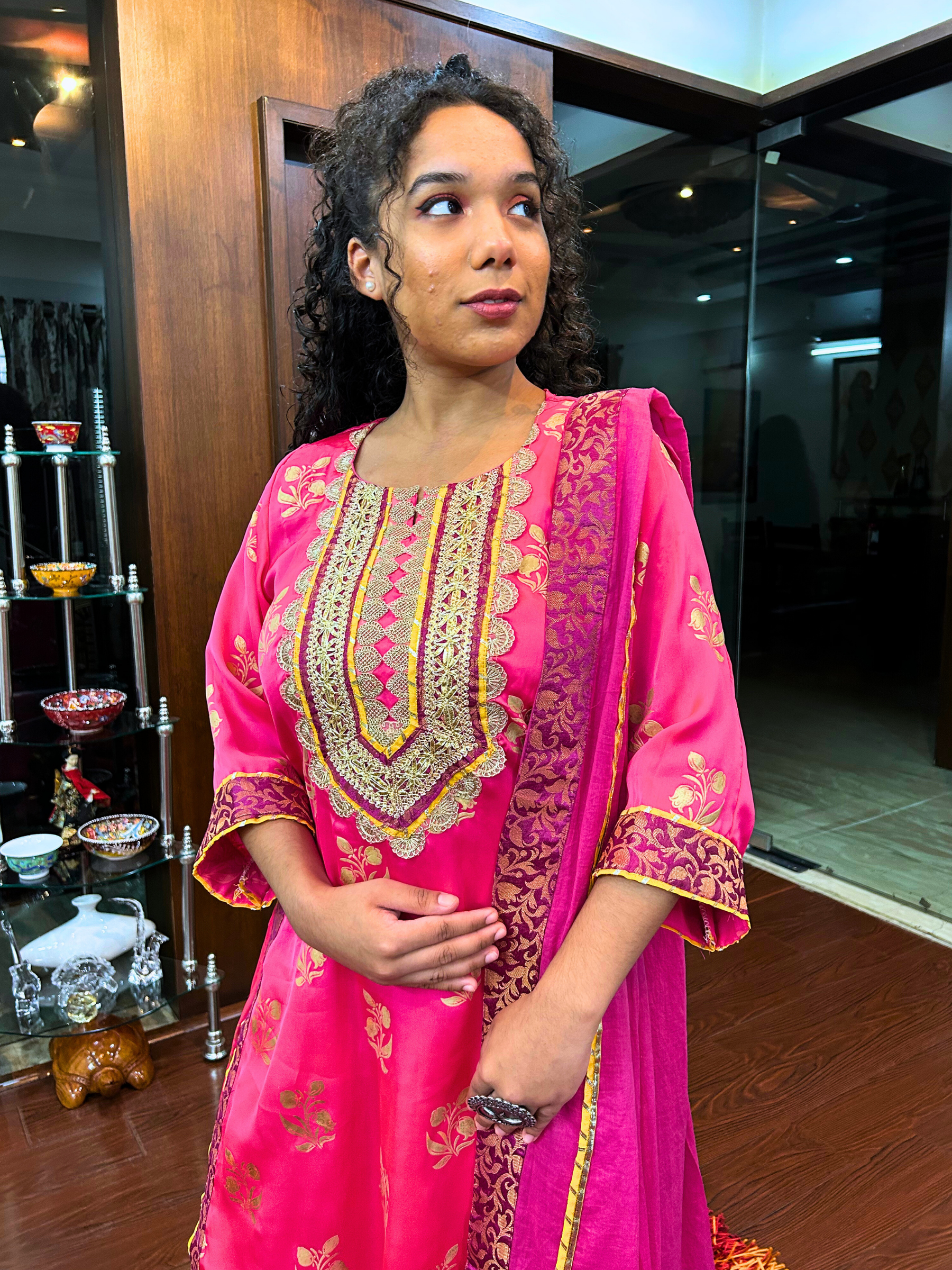 Magenta Silk Handblock Banarsi Gota Stitched Suit Set