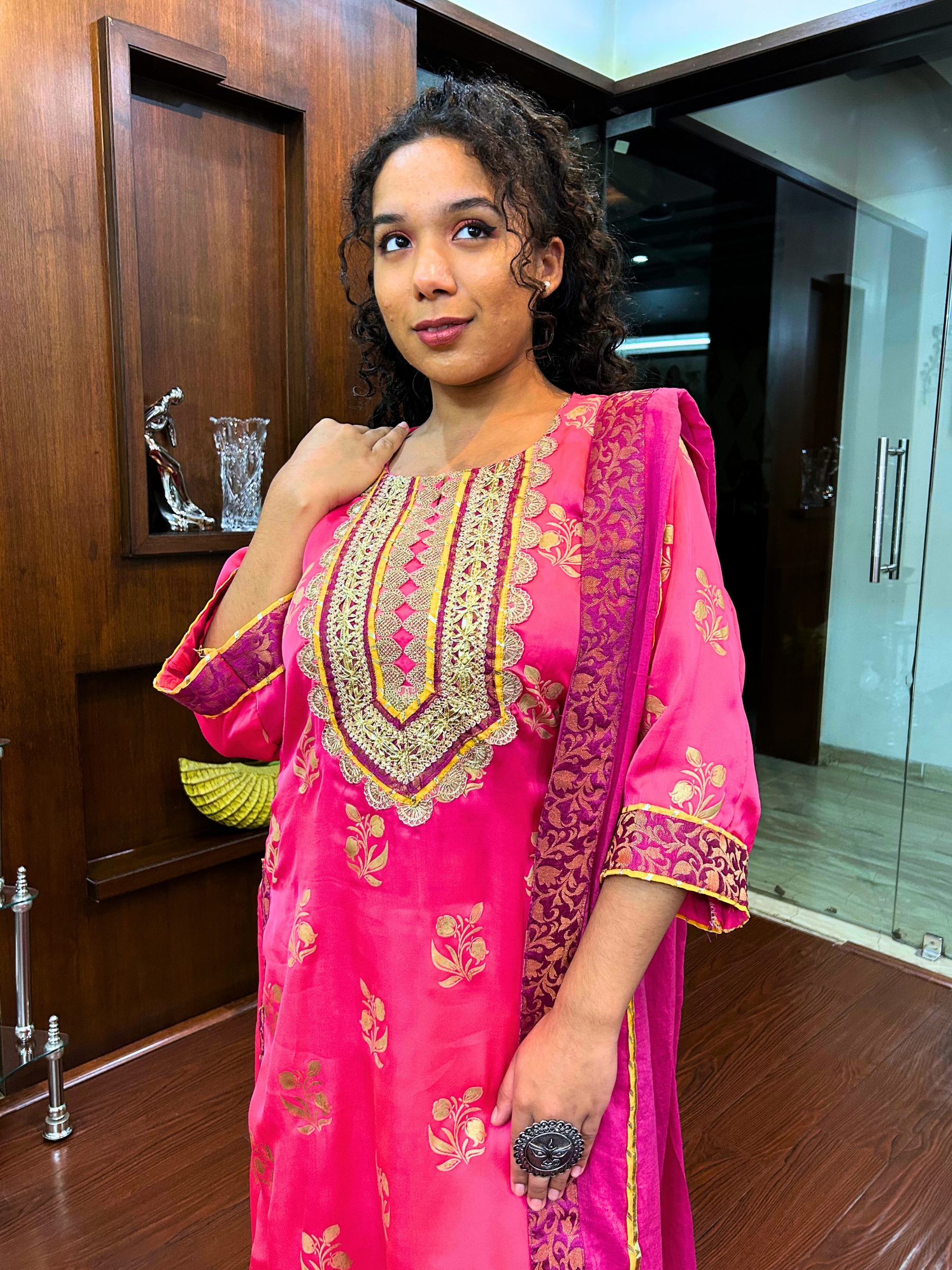 Magenta Silk Handblock Banarsi Gota Stitched Suit Set