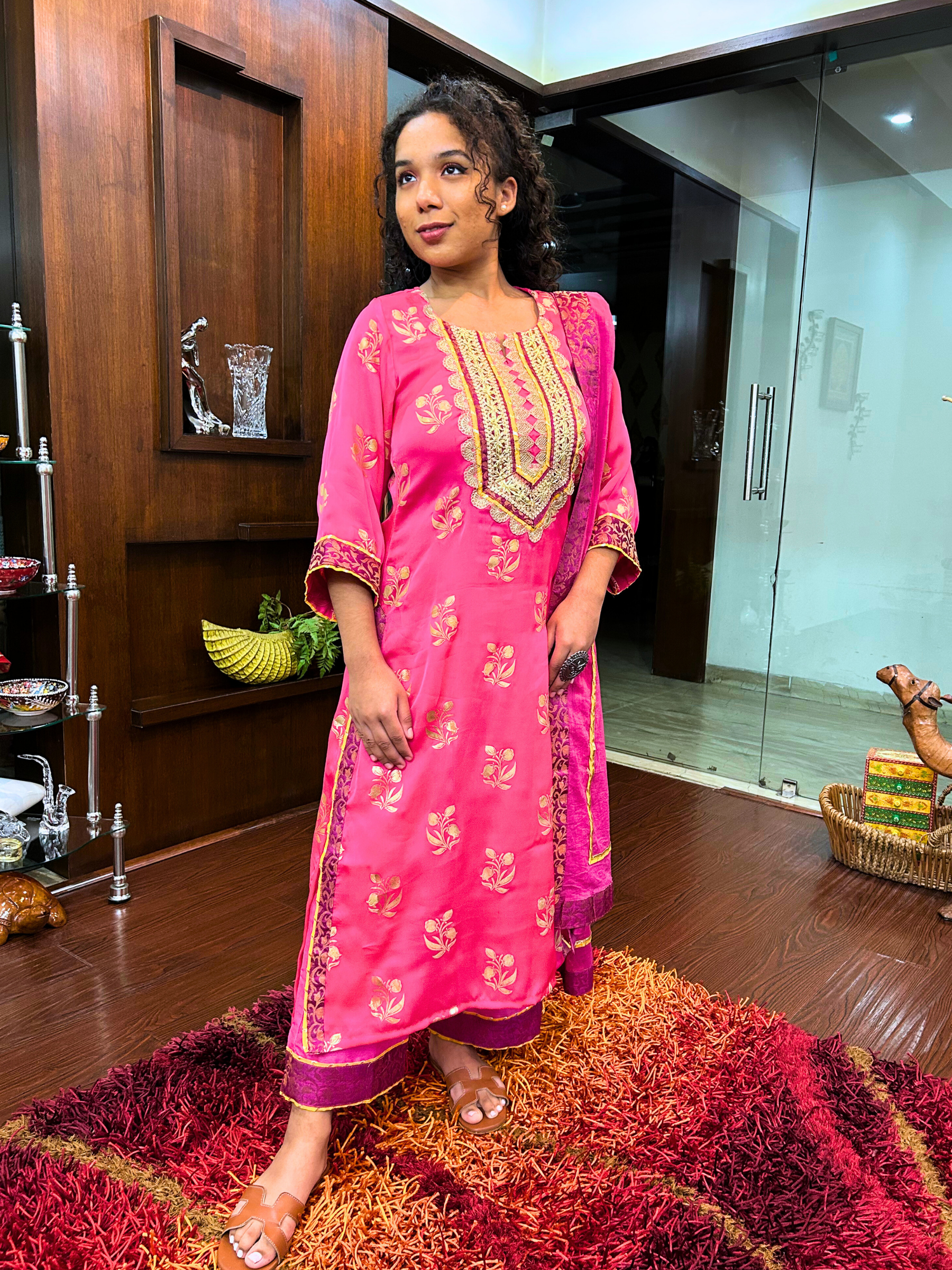 Magenta Silk Handblock Banarsi Gota Stitched Suit Set