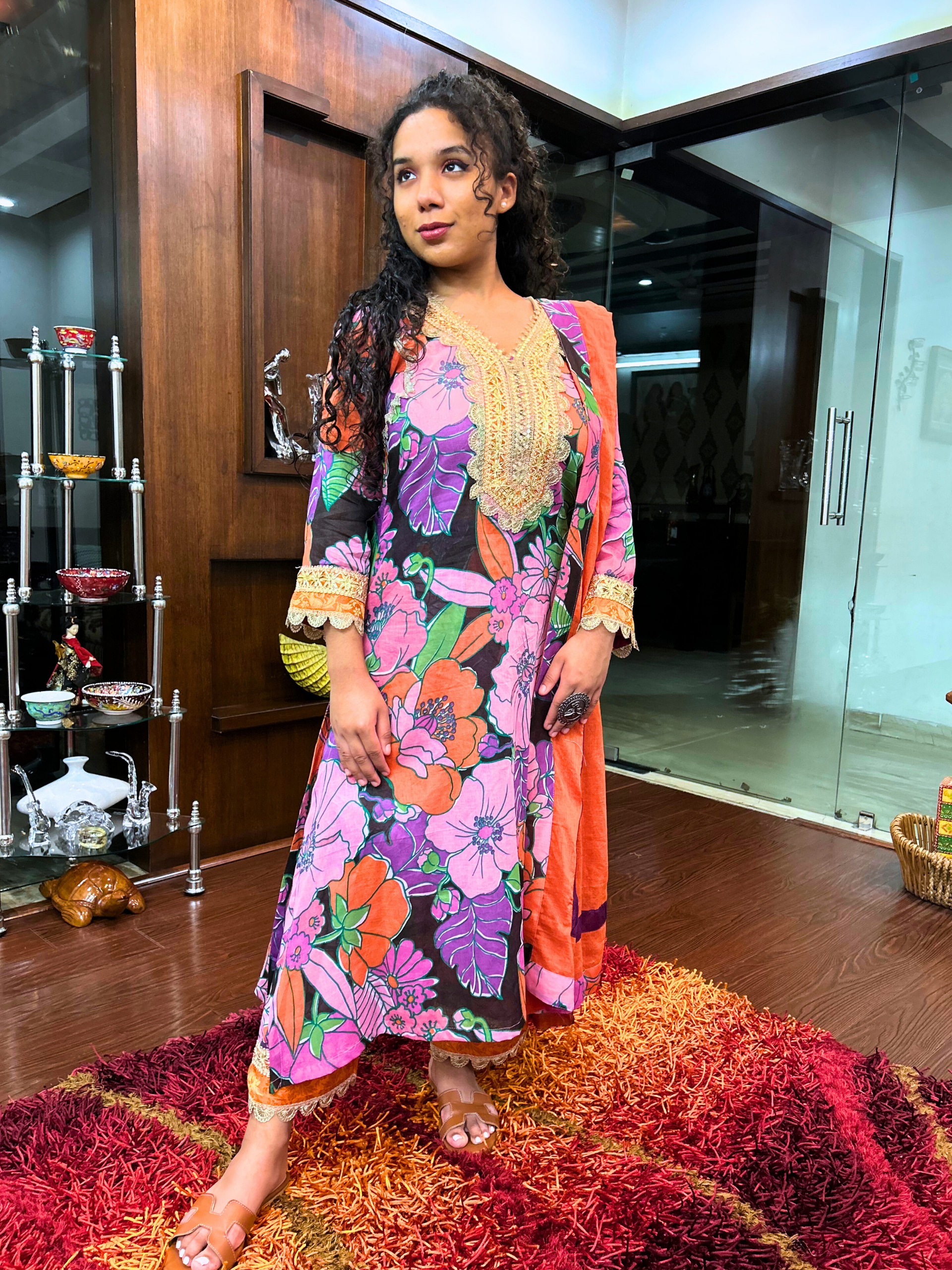 Black Multi Coloured Floral Golden Gota Cotton Stitched Suit Set