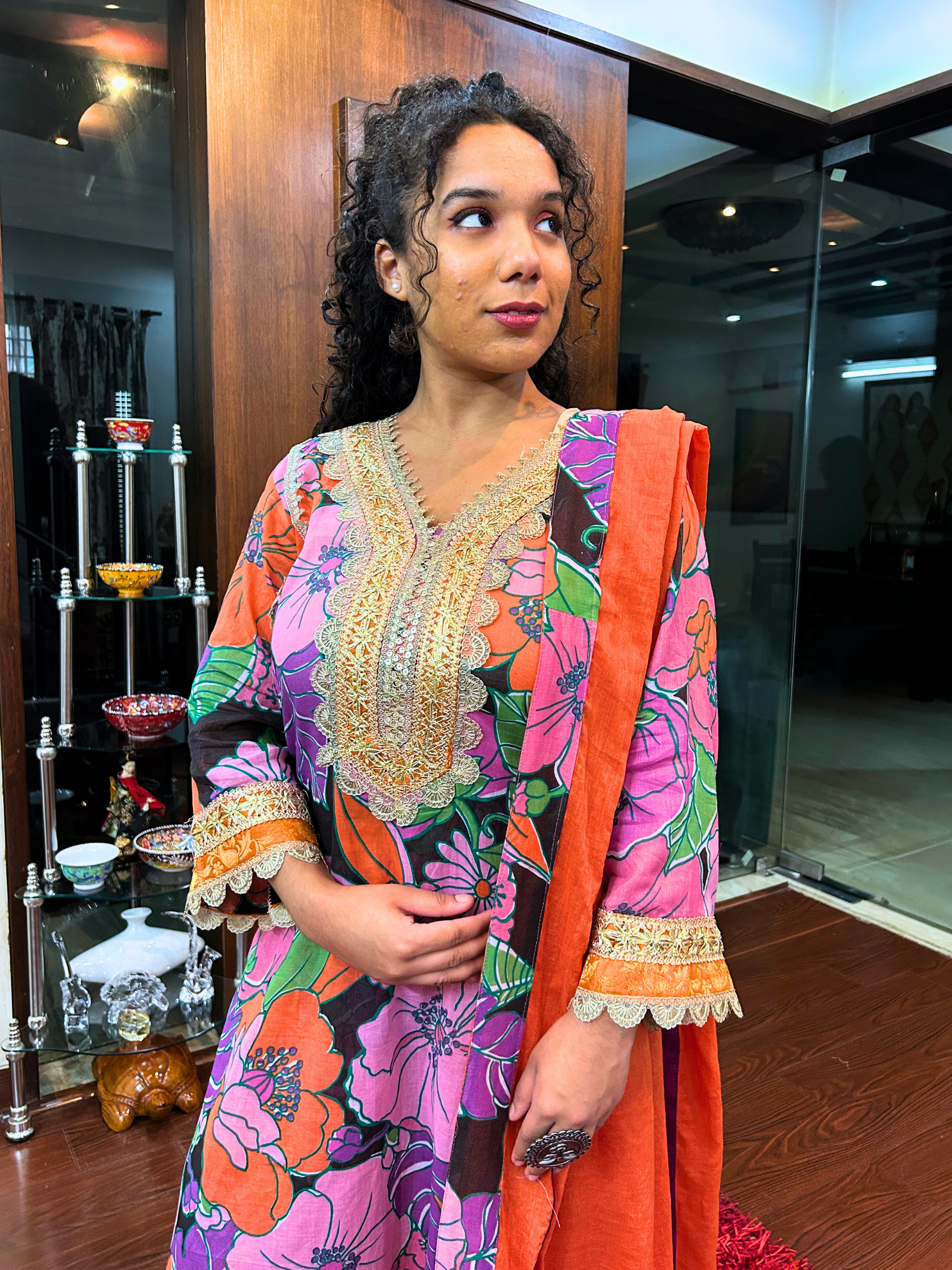 Black Multi Coloured Floral Golden Gota Cotton Stitched Suit Set