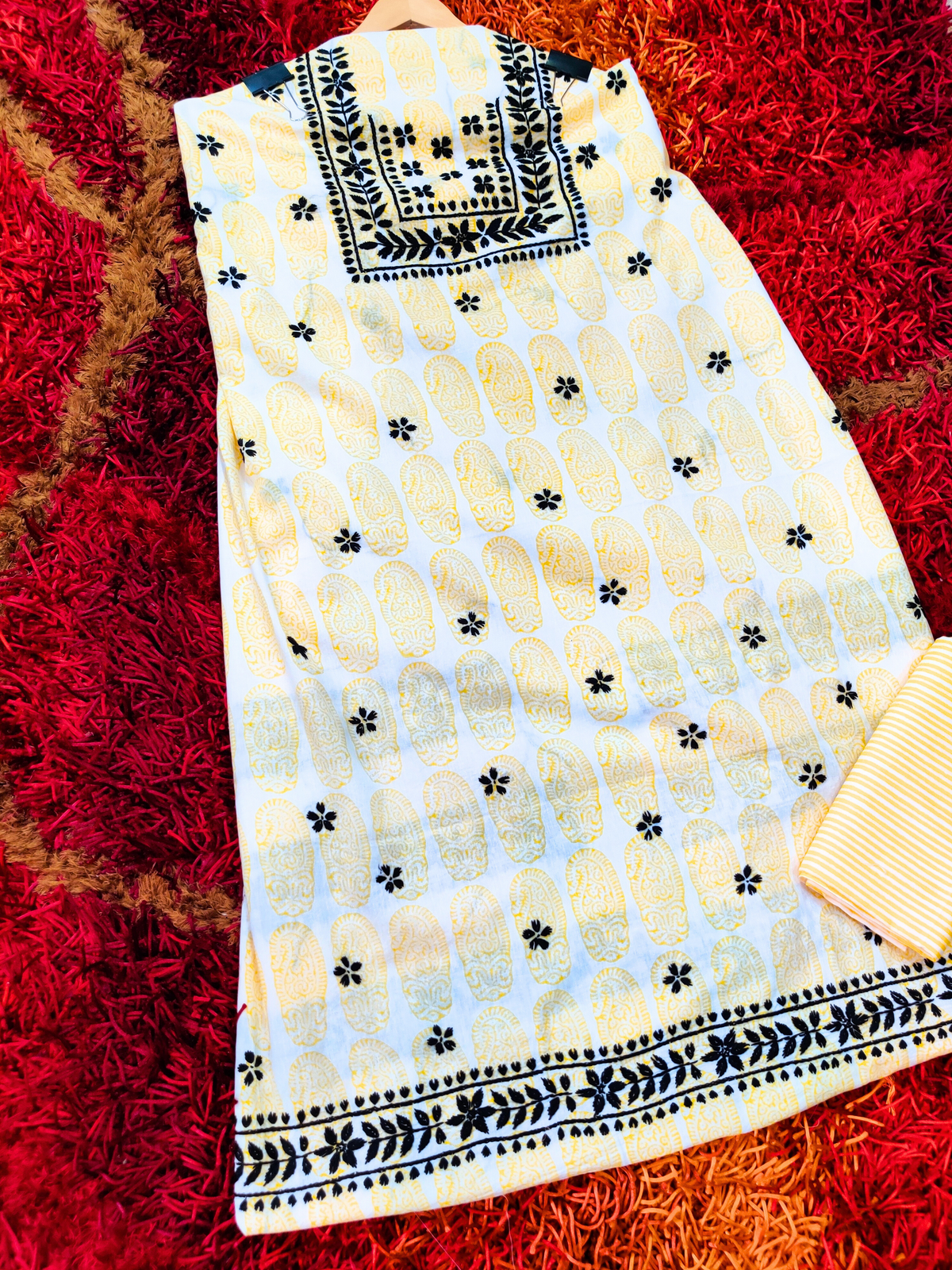 White and yellow Chikankari Cotton Unstitched Dress Material Kurta Set