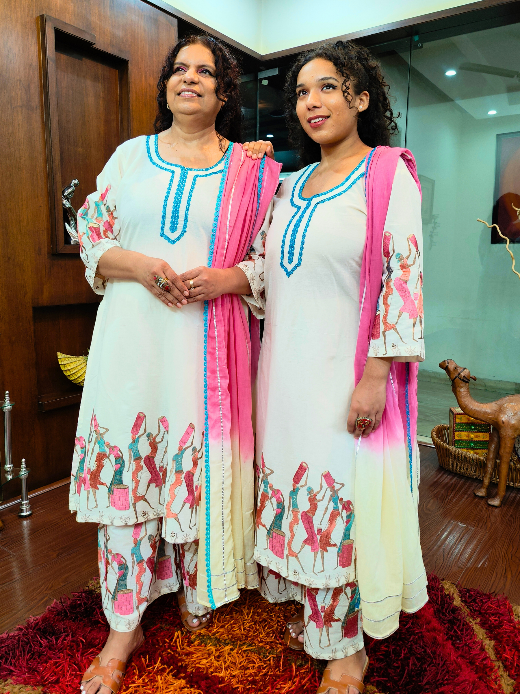 White Multi Coloured Embroidered Cotton Stitched Suit Set