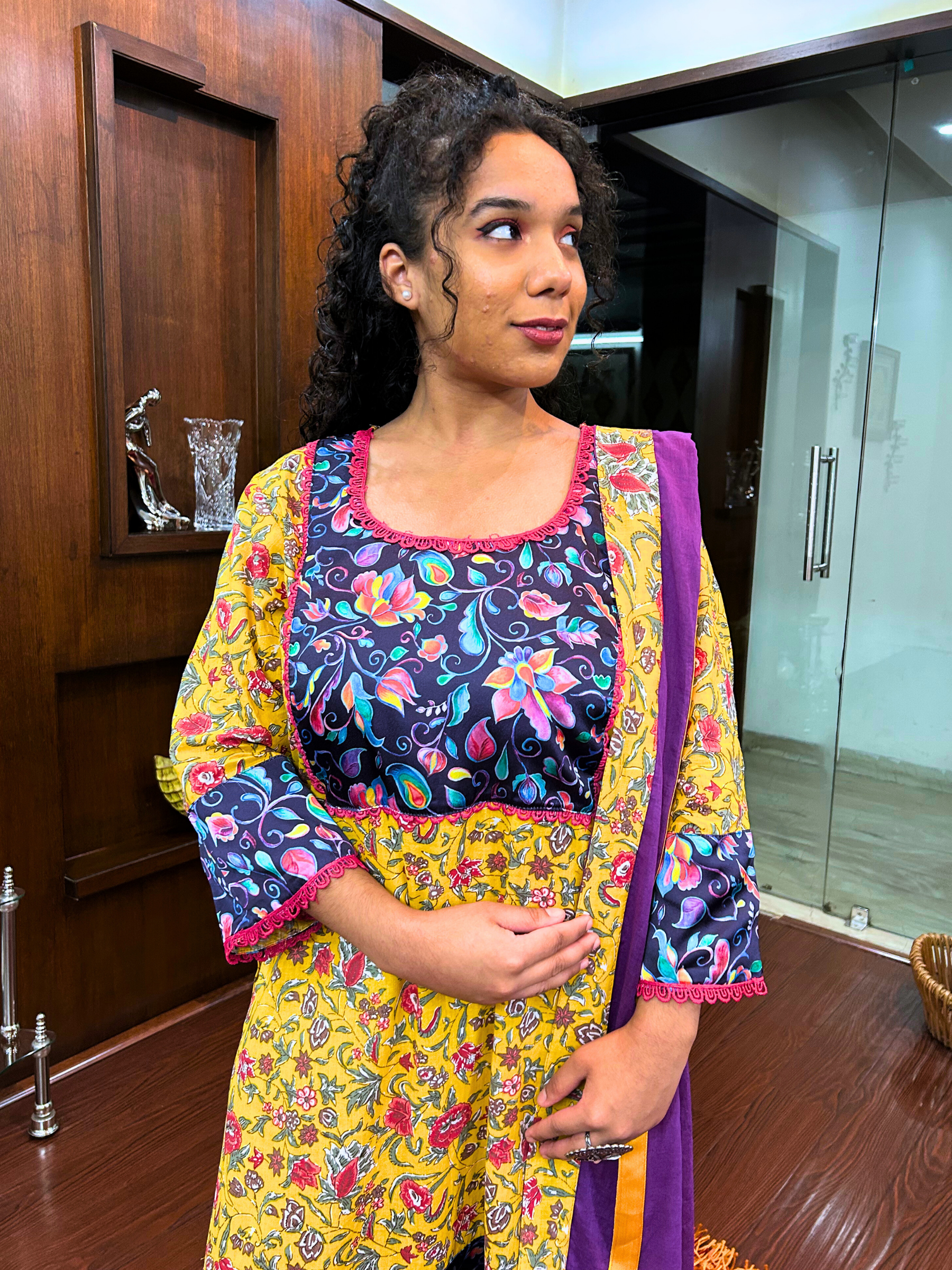 Yellow Multi Floral Magenta Lace Cotton Stitched Suit Set