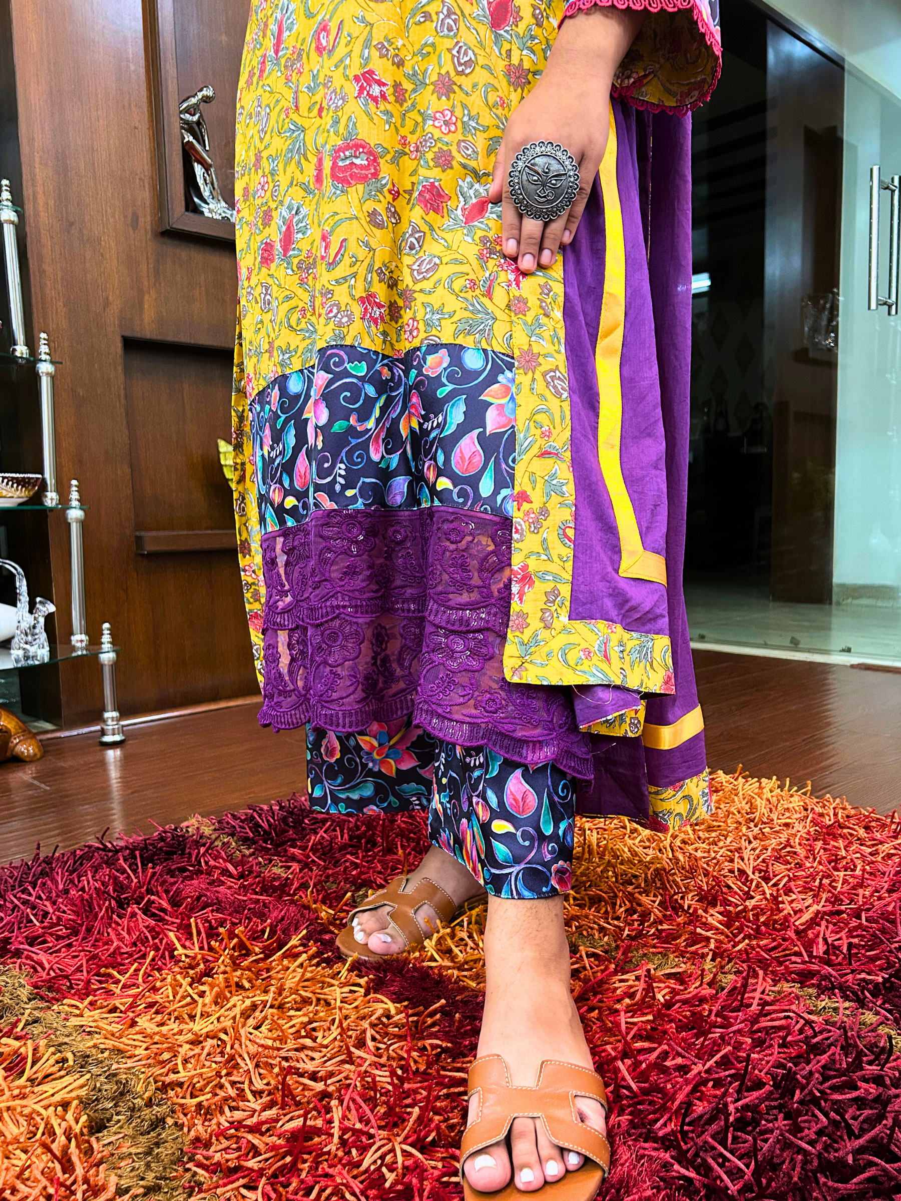 Yellow Multi Floral Magenta Lace Cotton Stitched Suit Set