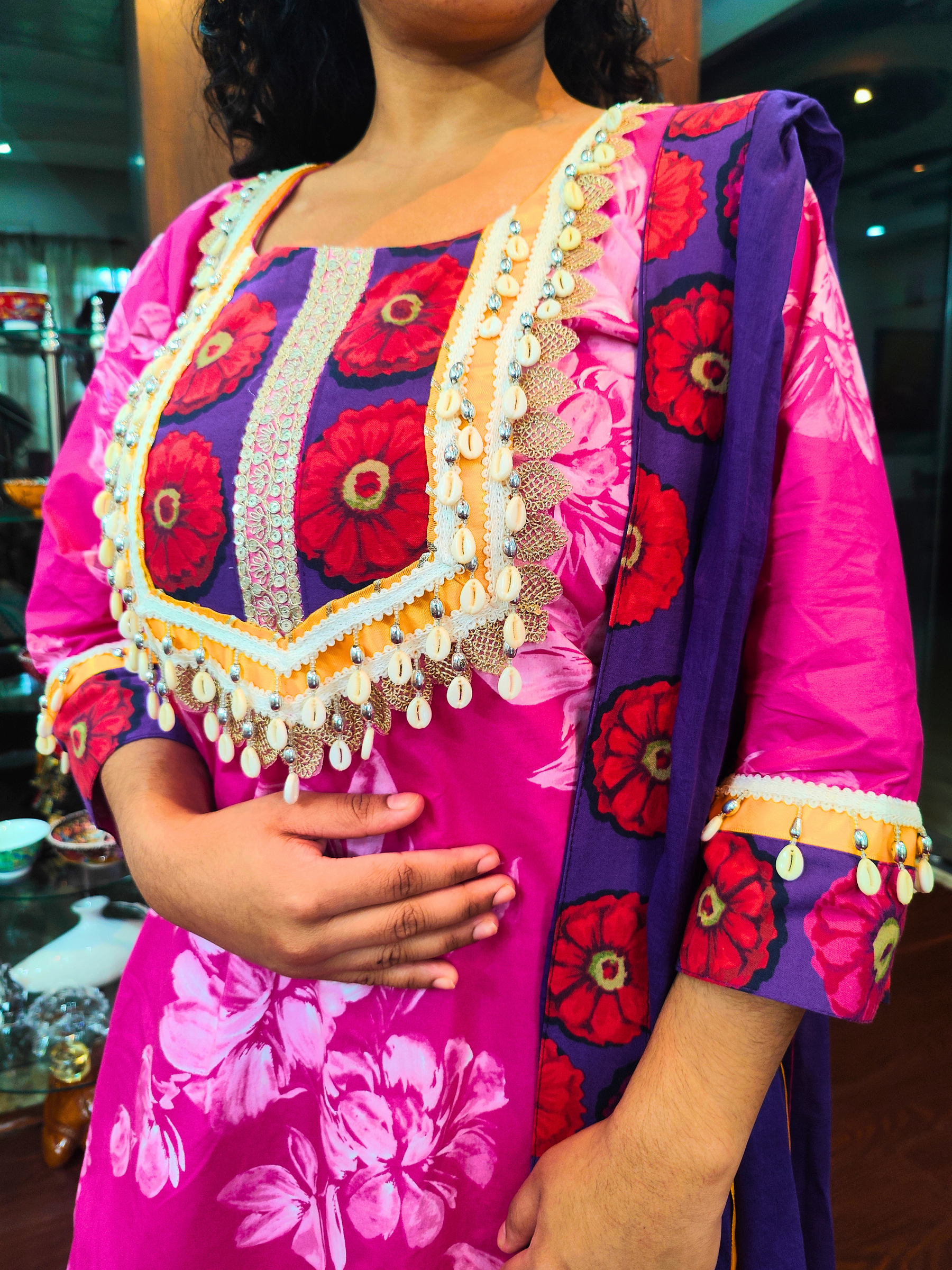 Magenta Digital Printed Yellow Gota Cotton Stitched Suit Set