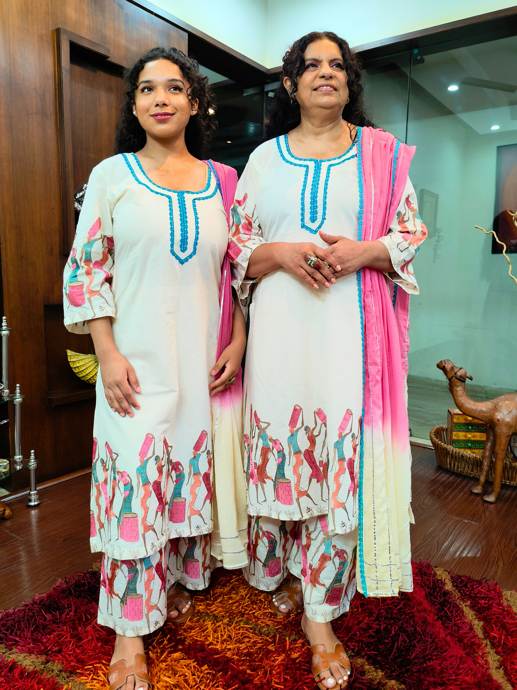 White Multi Coloured Embroidered Cotton Stitched Suit Set