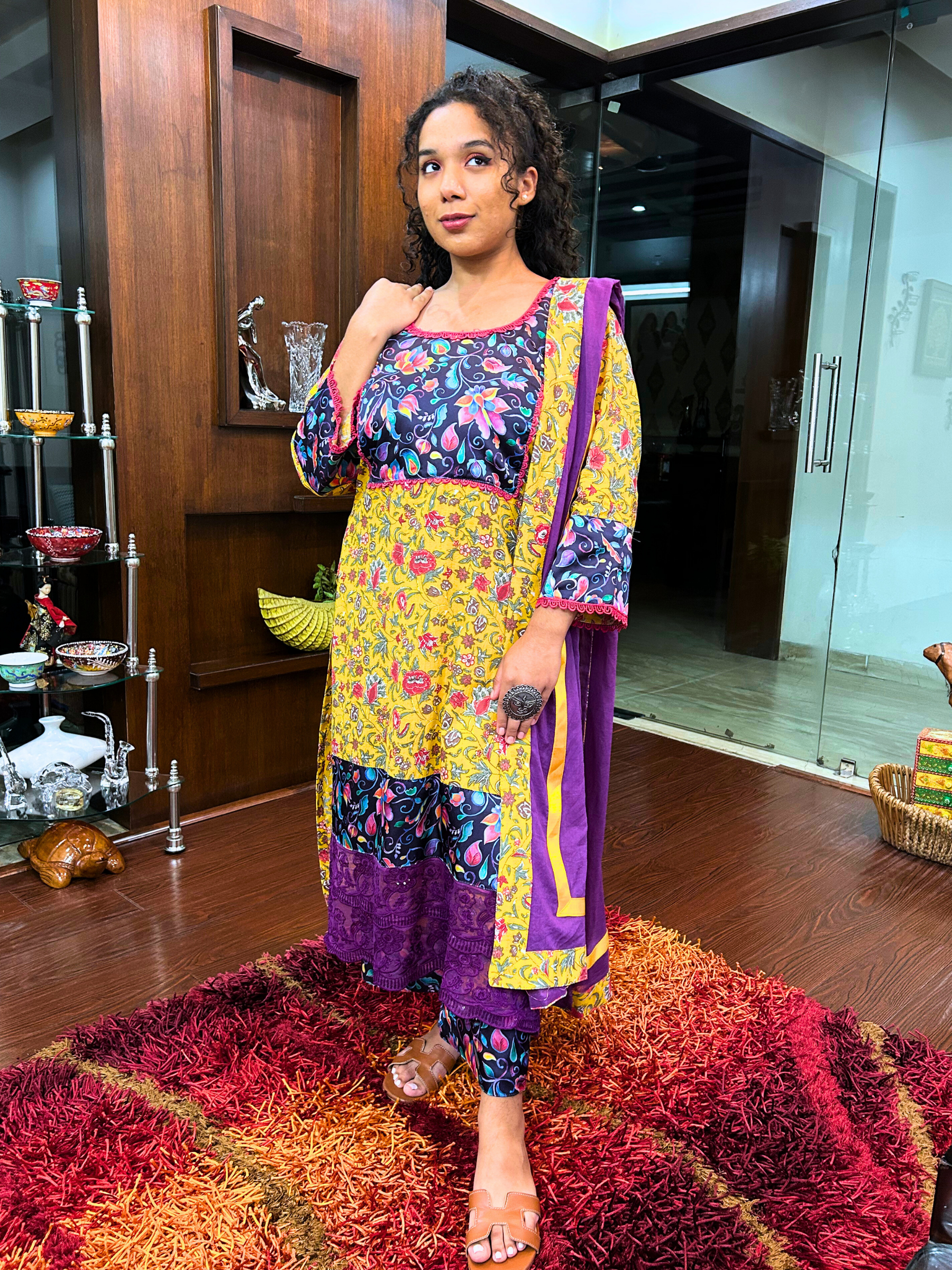 Yellow Multi Floral Magenta Lace Cotton Stitched Suit Set