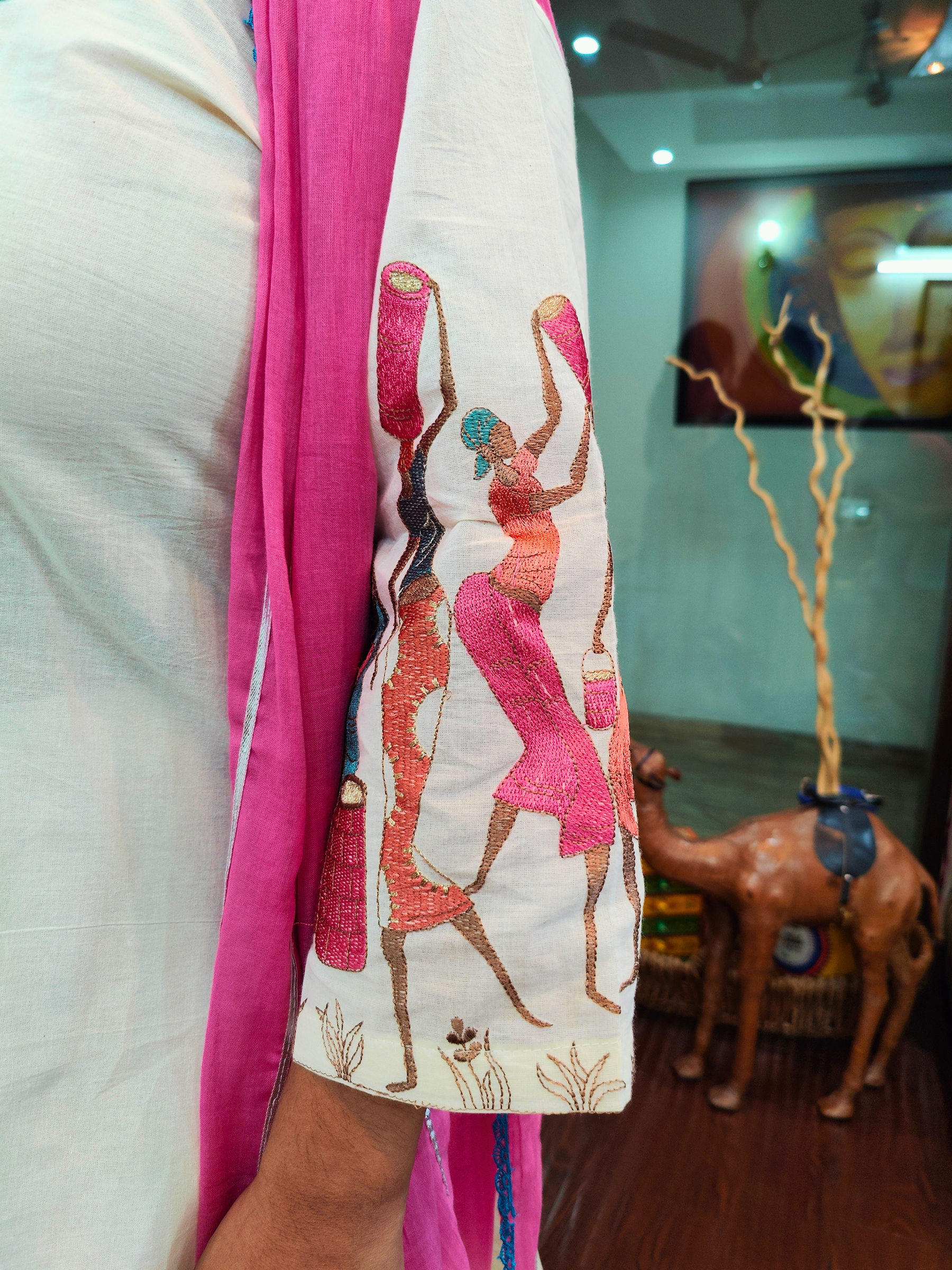 White Multi Coloured Embroidered Cotton Stitched Suit Set
