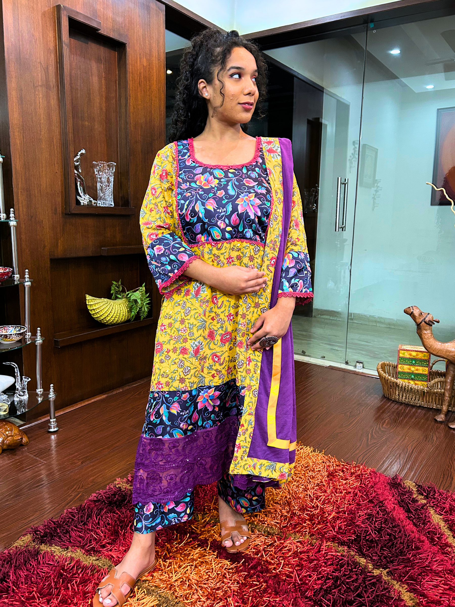 Yellow Multi Floral Magenta Lace Cotton Stitched Suit Set