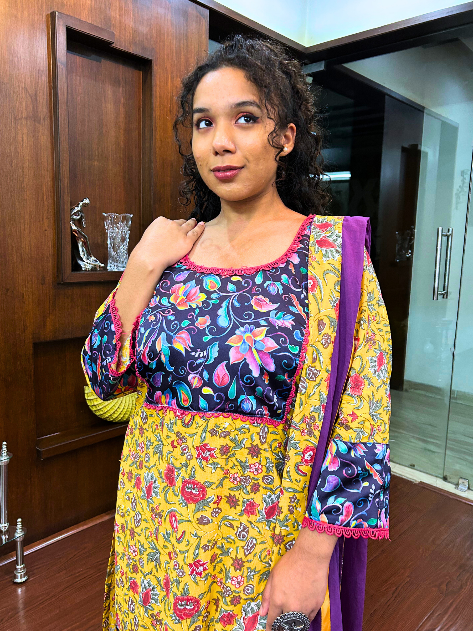 Yellow Multi Floral Magenta Lace Cotton Stitched Suit Set