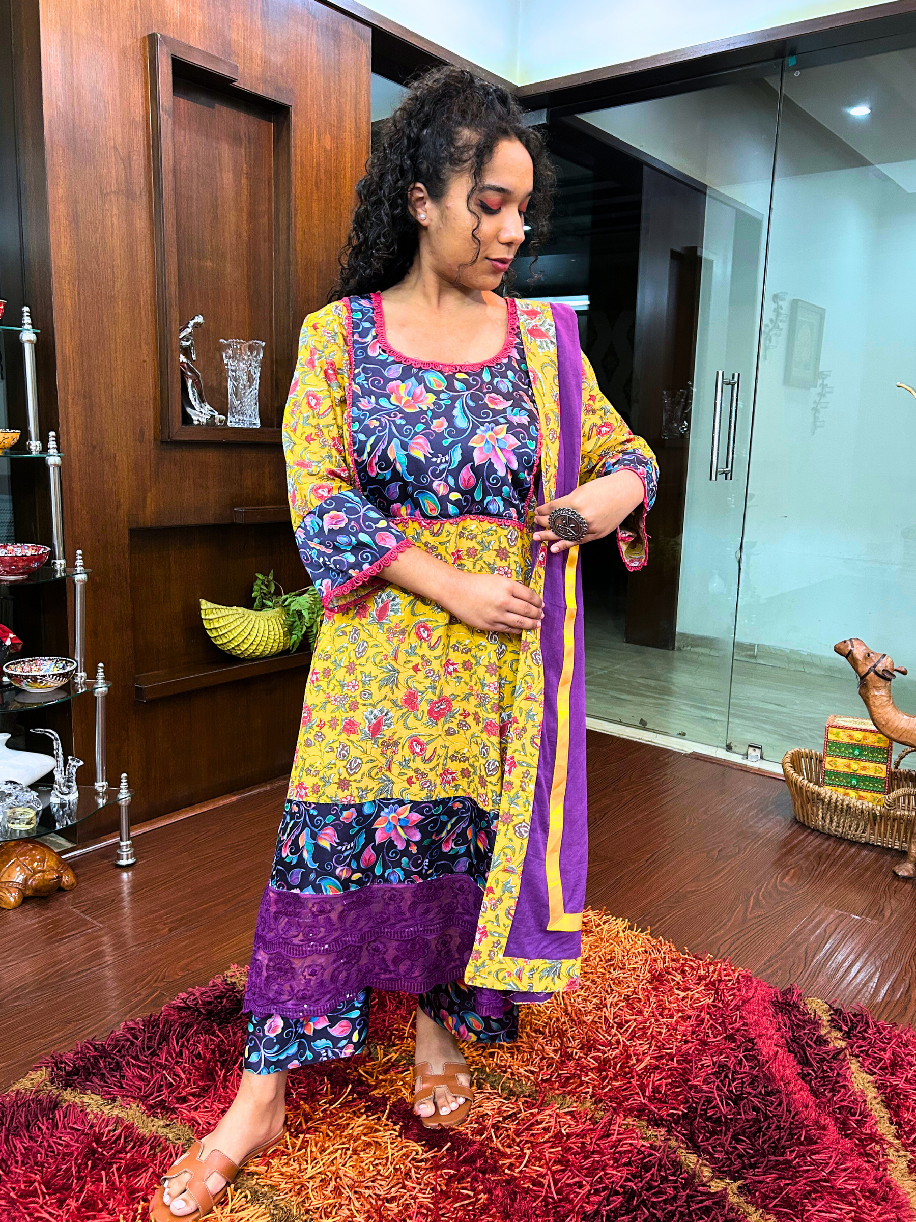 Yellow Multi Floral Magenta Lace Cotton Stitched Suit Set