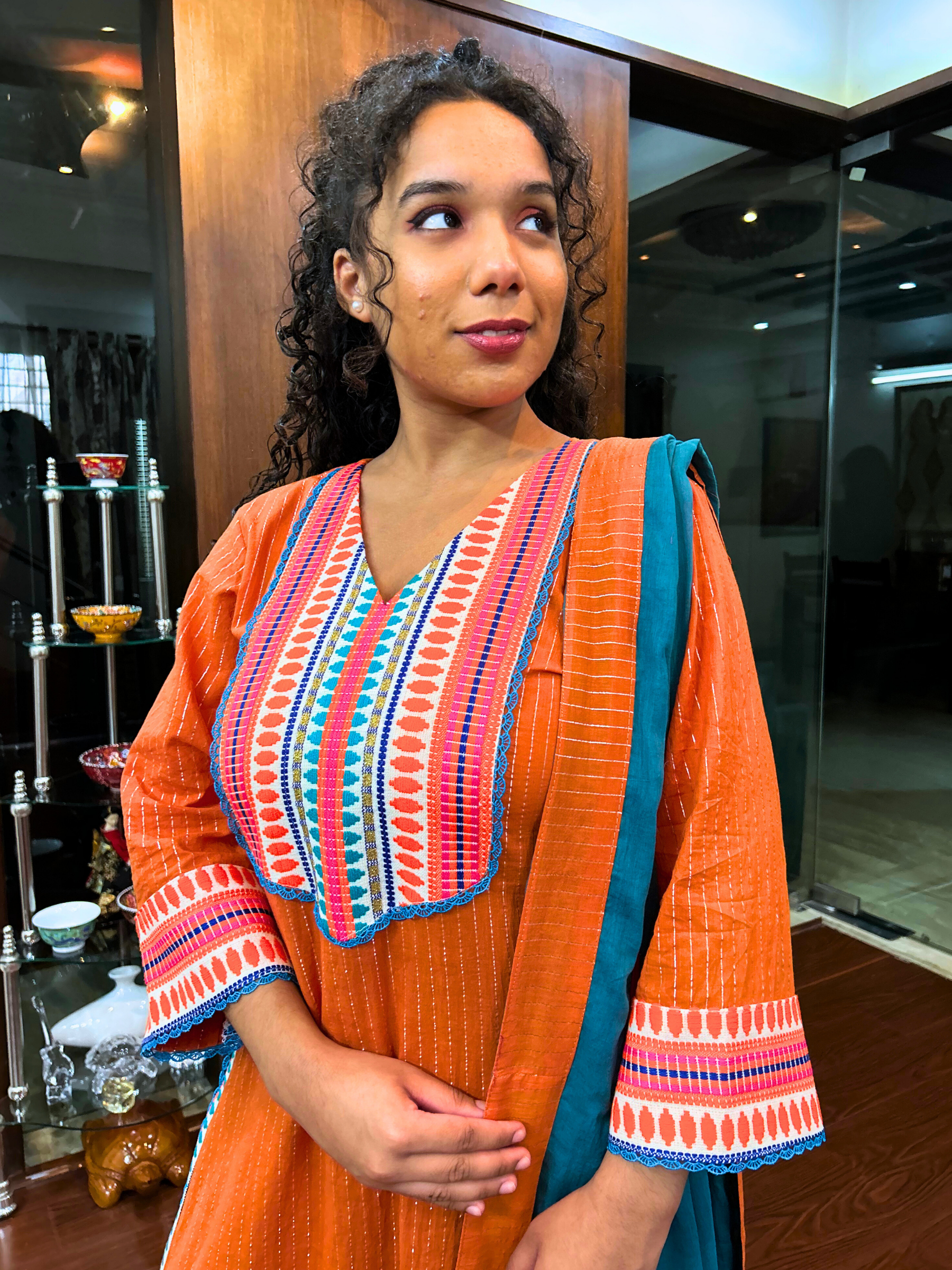 Orange Striped Multi Embroidered Cotton Stitched Suit Set
