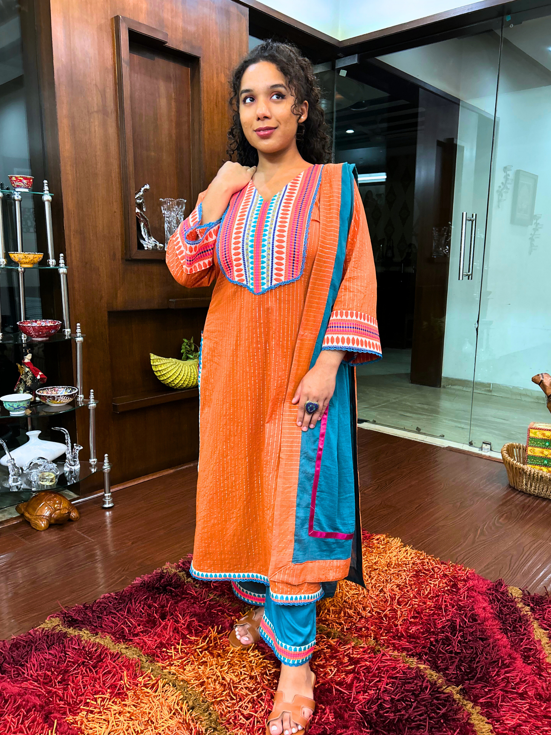 Orange Striped Multi Embroidered Cotton Stitched Suit Set