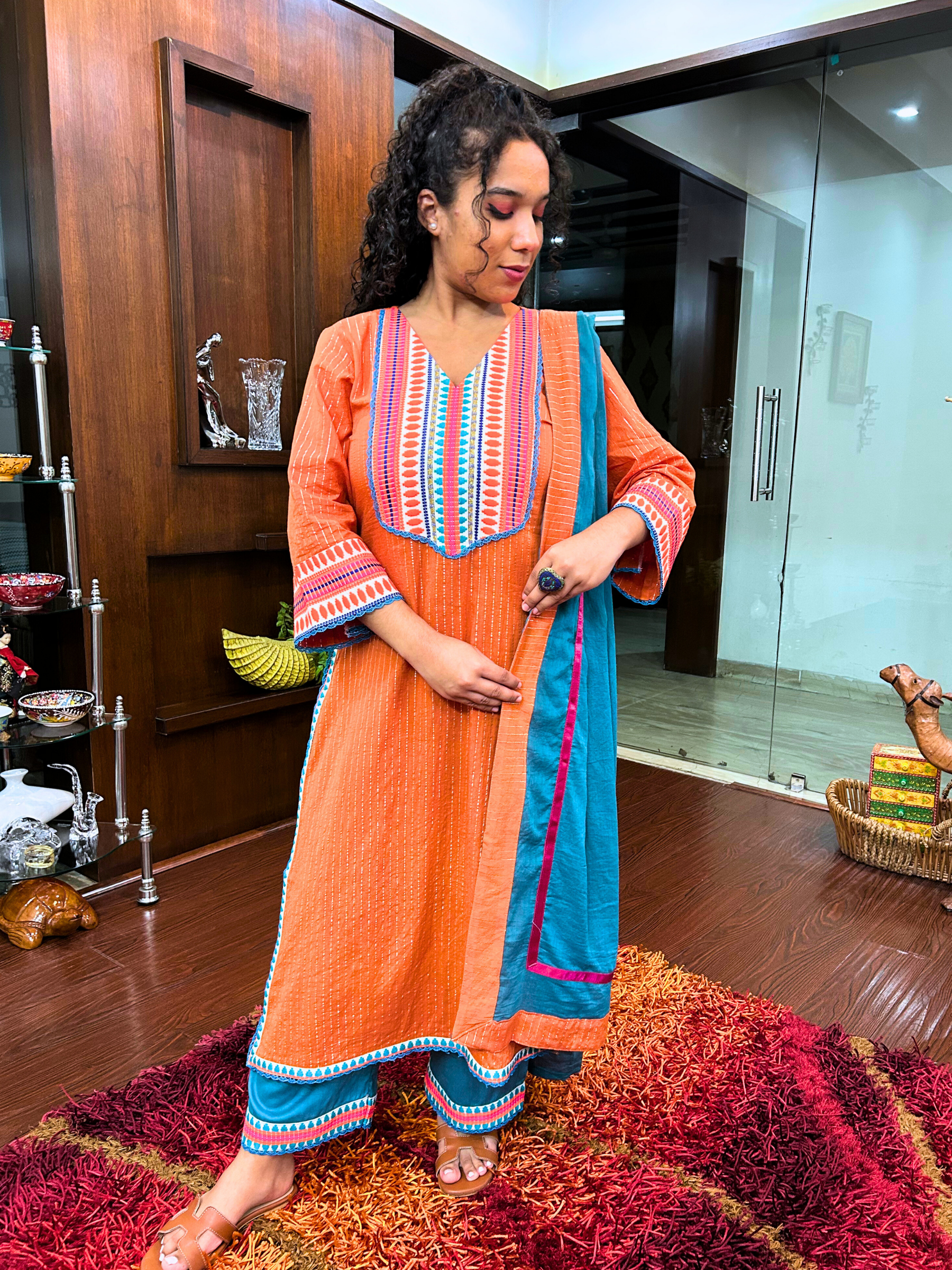 Orange Striped Multi Embroidered Cotton Stitched Suit Set