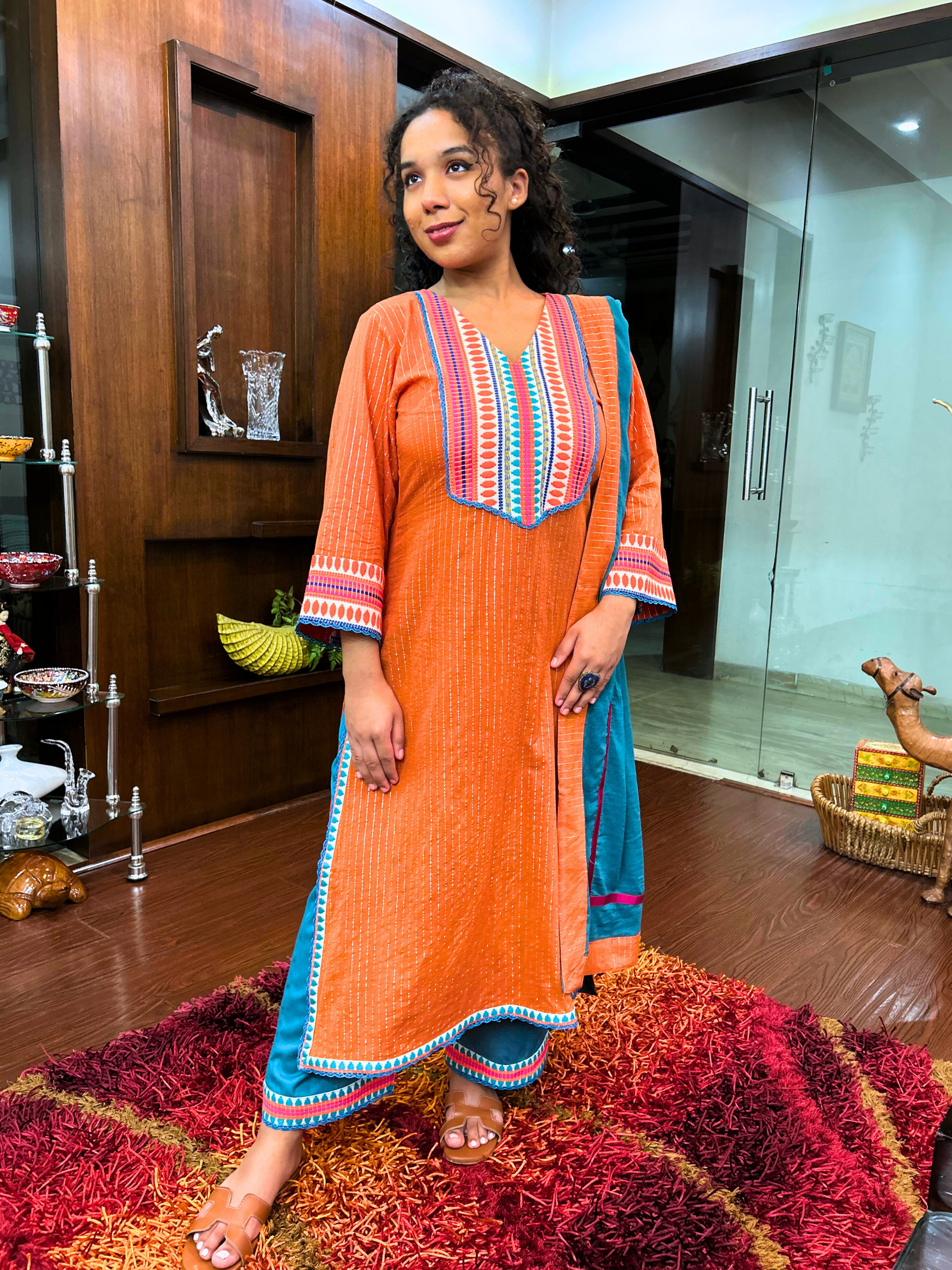 Orange Striped Multi Embroidered Cotton Stitched Suit Set