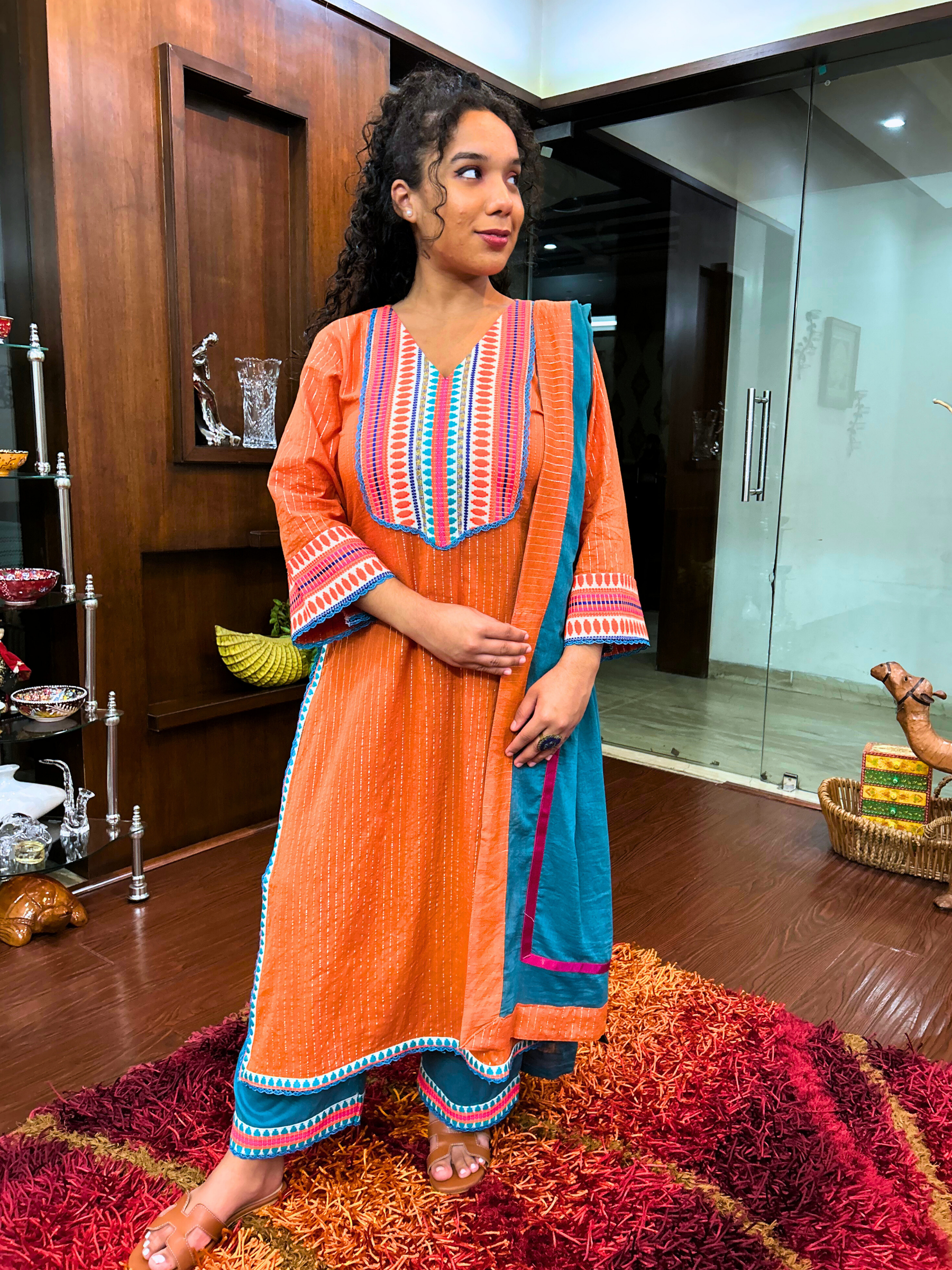 Orange Striped Multi Embroidered Cotton Stitched Suit Set