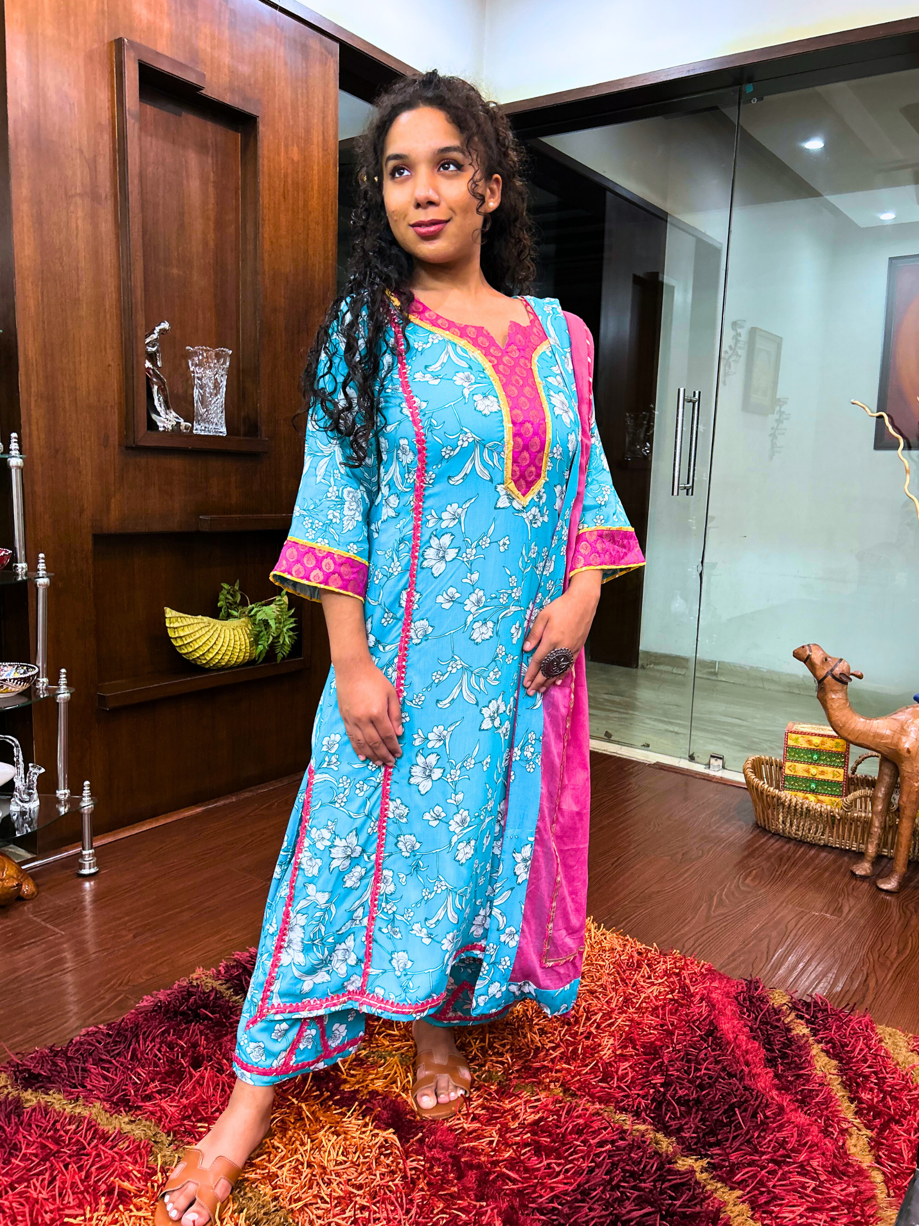 Sky Blue Digital Printed Magenta Lace Cotton Stitched Suit Set