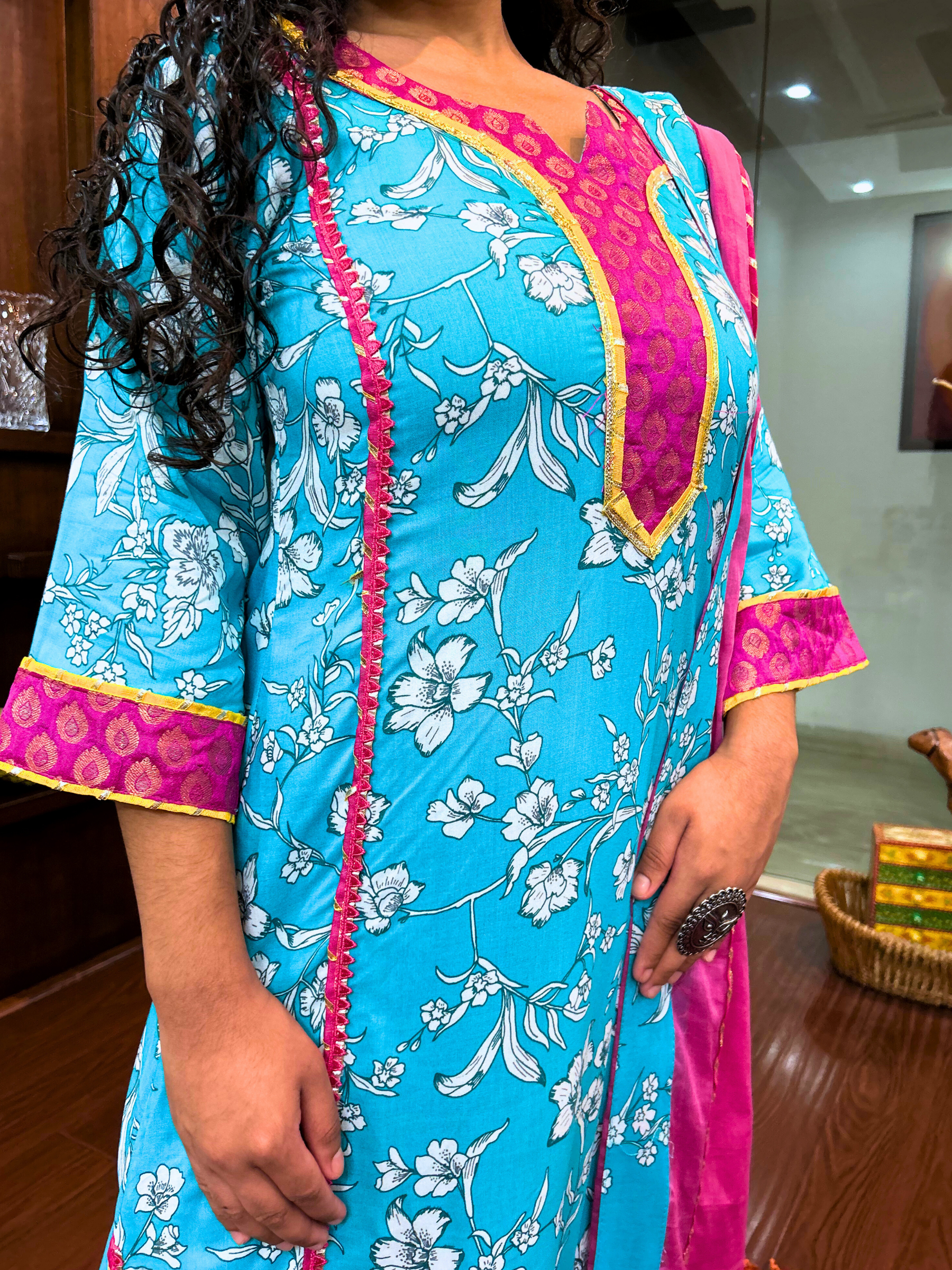 Sky Blue Digital Printed Magenta Lace Cotton Stitched Suit Set