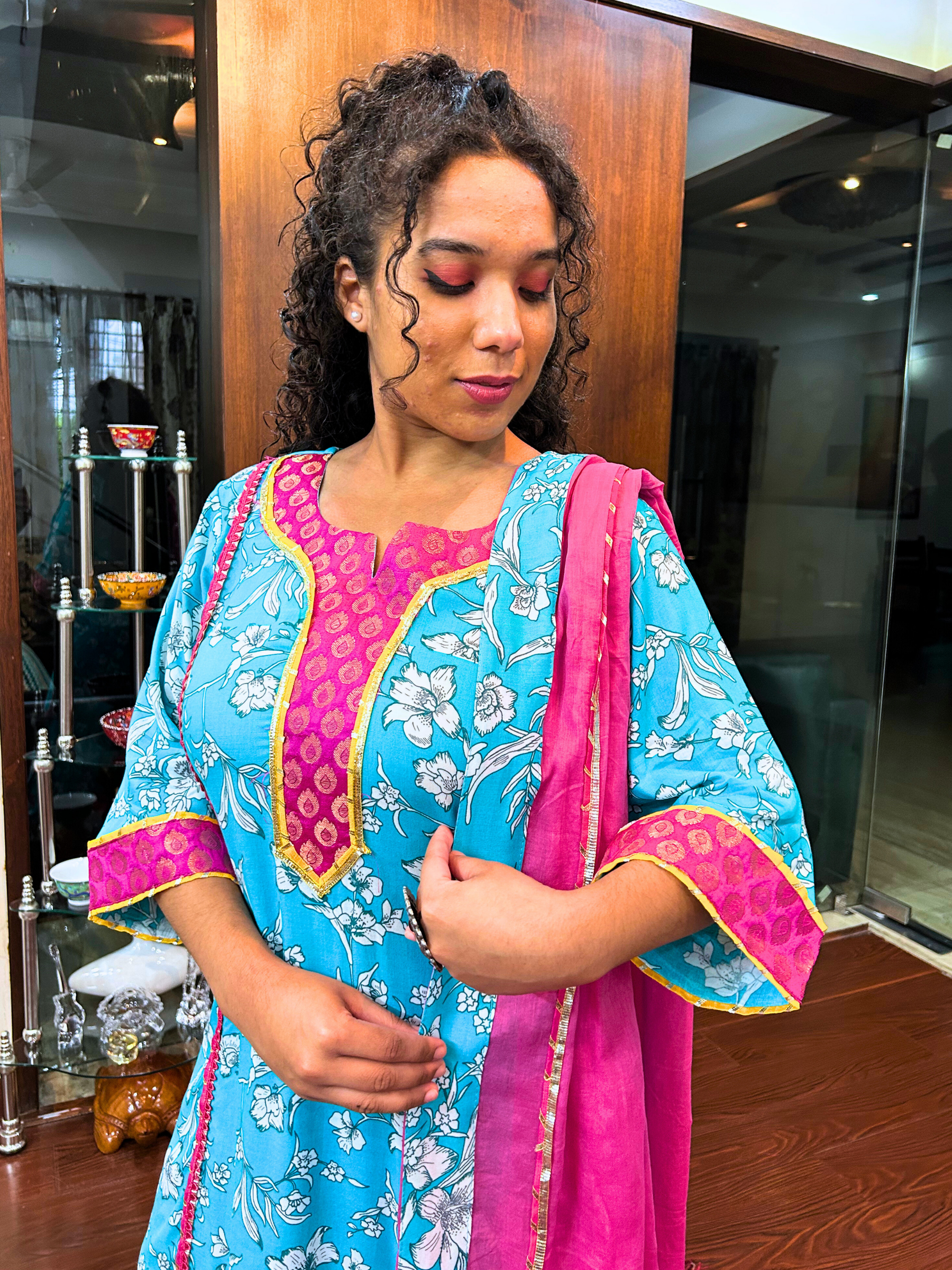 Sky Blue Digital Printed Magenta Lace Cotton Stitched Suit Set