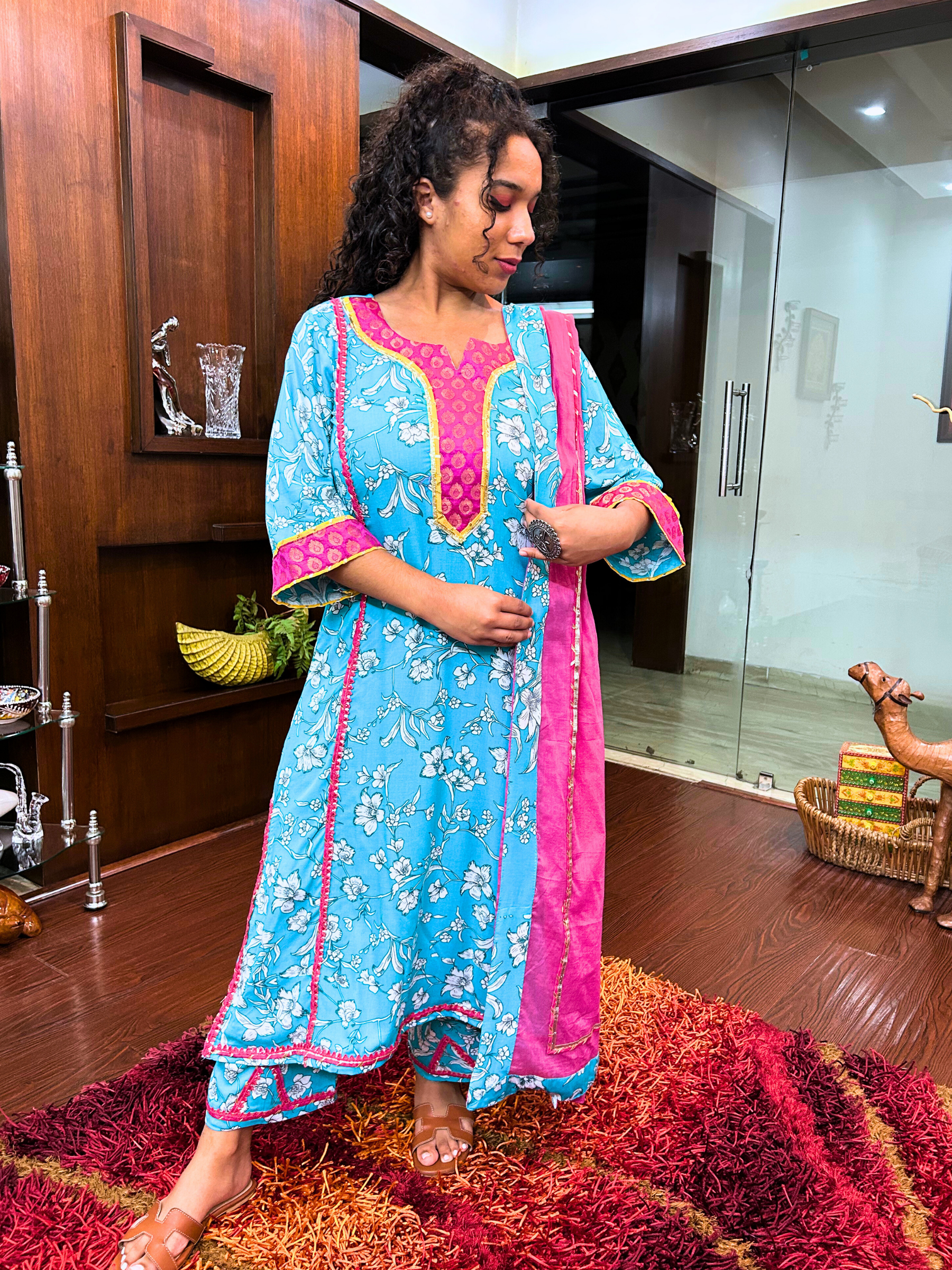 Sky Blue Digital Printed Magenta Lace Cotton Stitched Suit Set