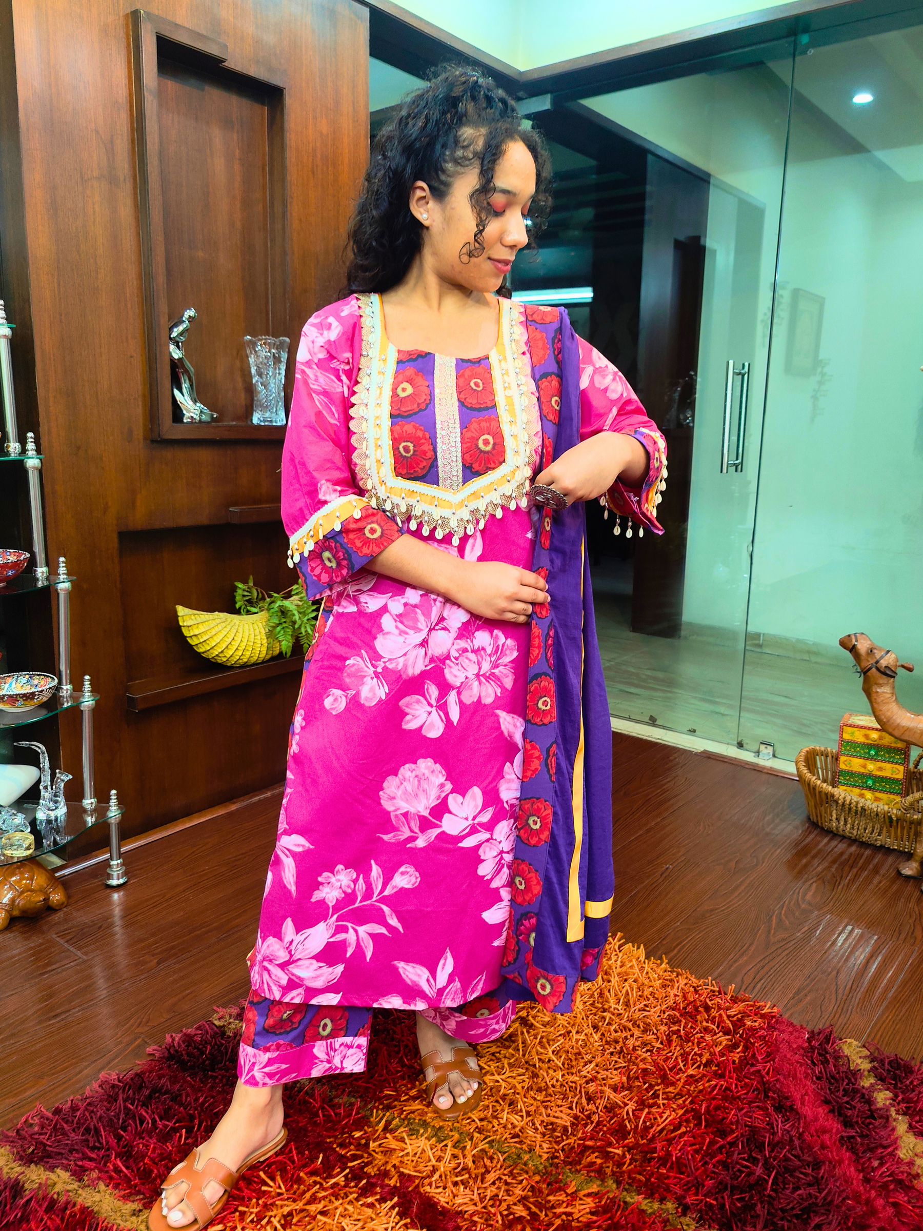 Magenta Digital Printed Yellow Gota Cotton Stitched Suit Set