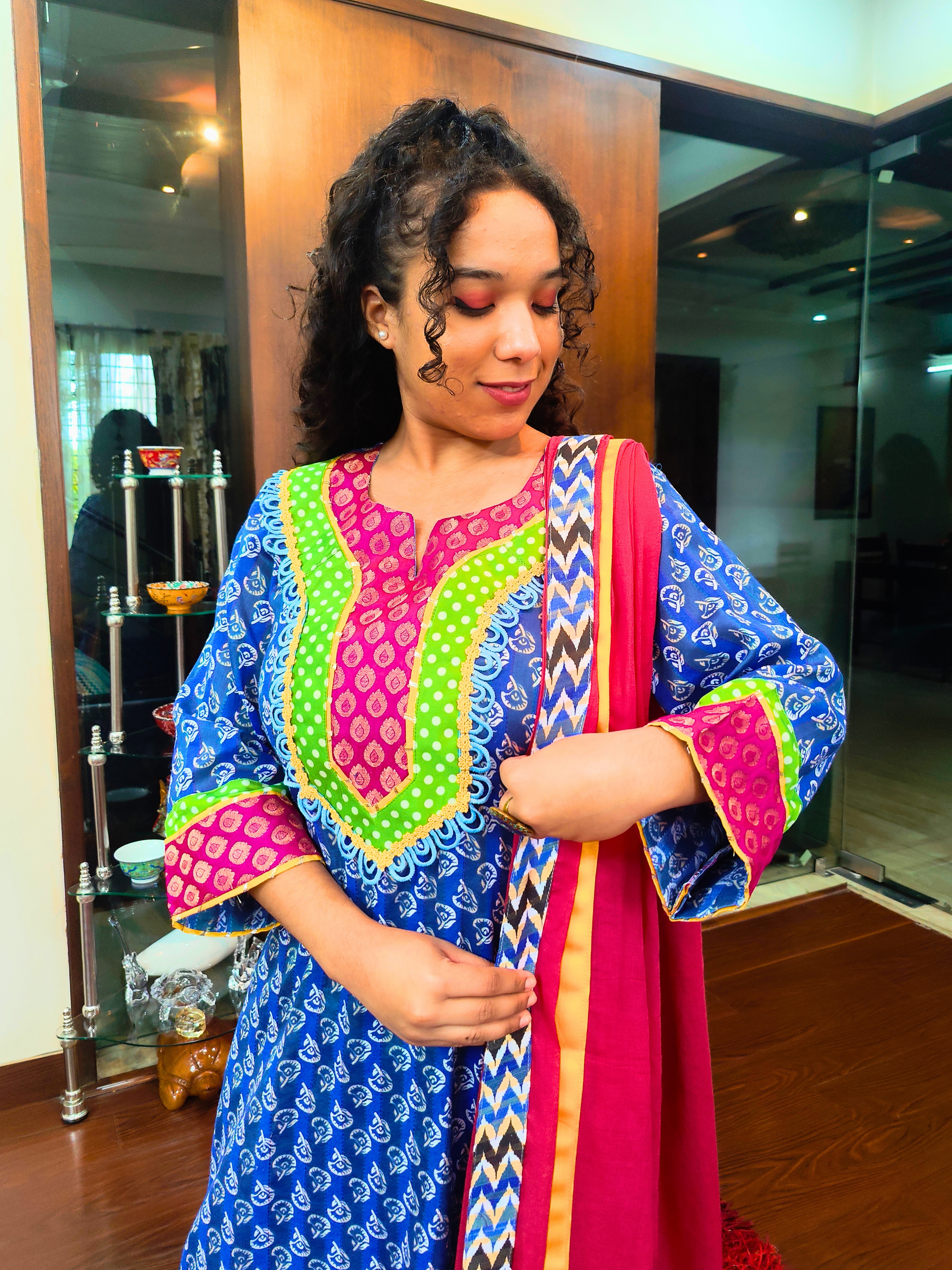 Blue Digital Printed Green Polka Dot Cotton Stitched Suit Set