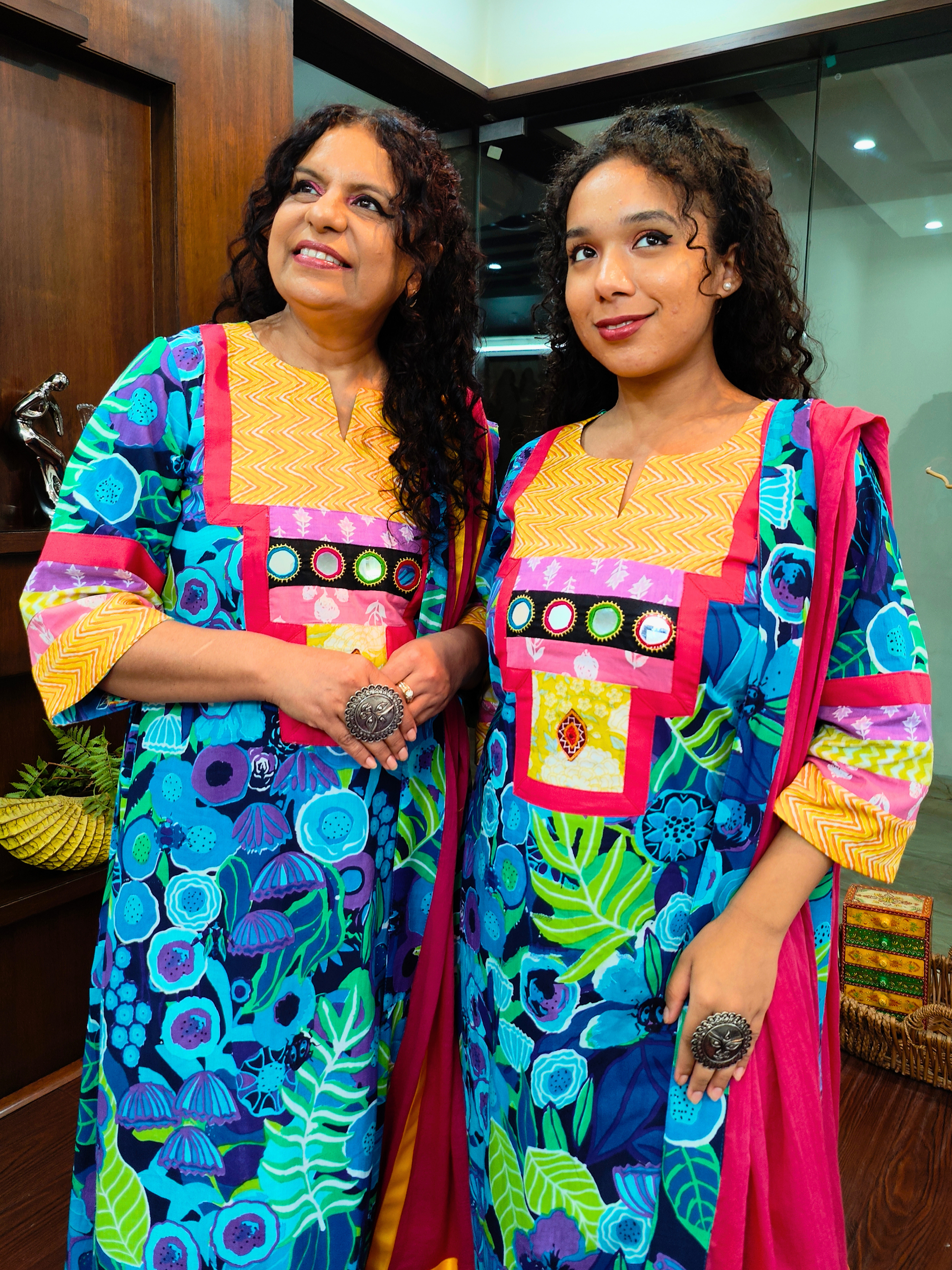 Blue Multi Coloured Mirror Embroidered Cotton Stitched Suit Set