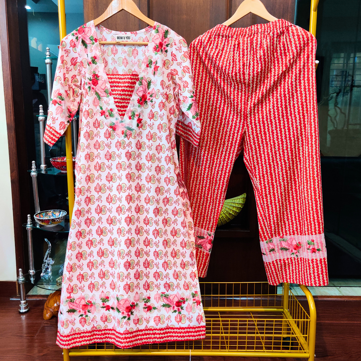 Pink Striped Handblock Cotton Unstitched Dress Material Suit Set