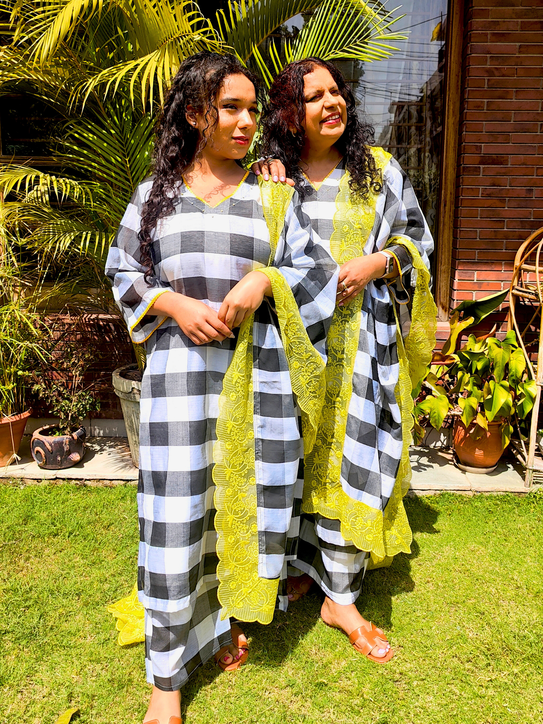Black and White Checkred Chanderi Stitched Suit Set
