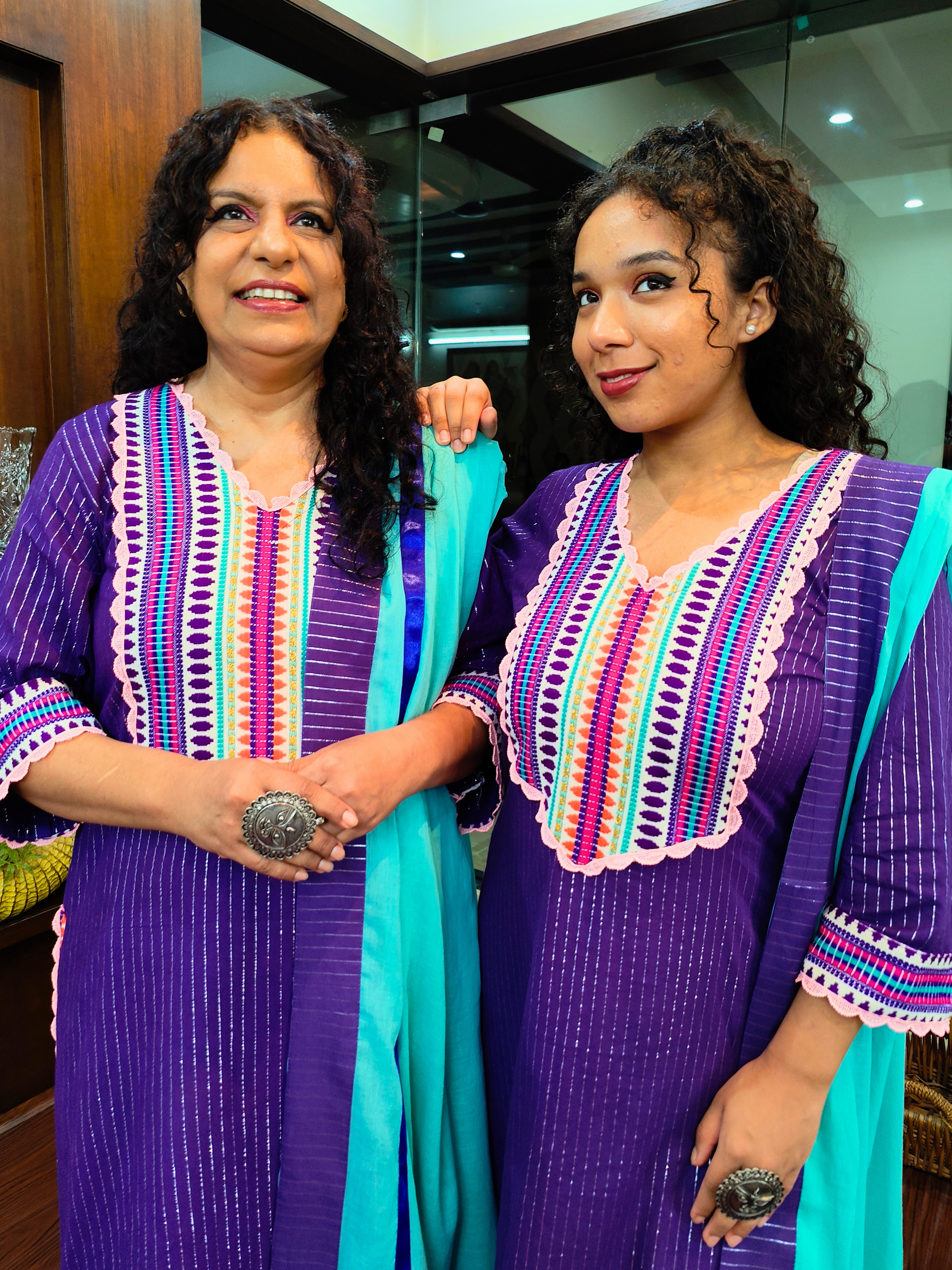 Purple Striped Multi Embroidered Cotton Stitched Suit Set