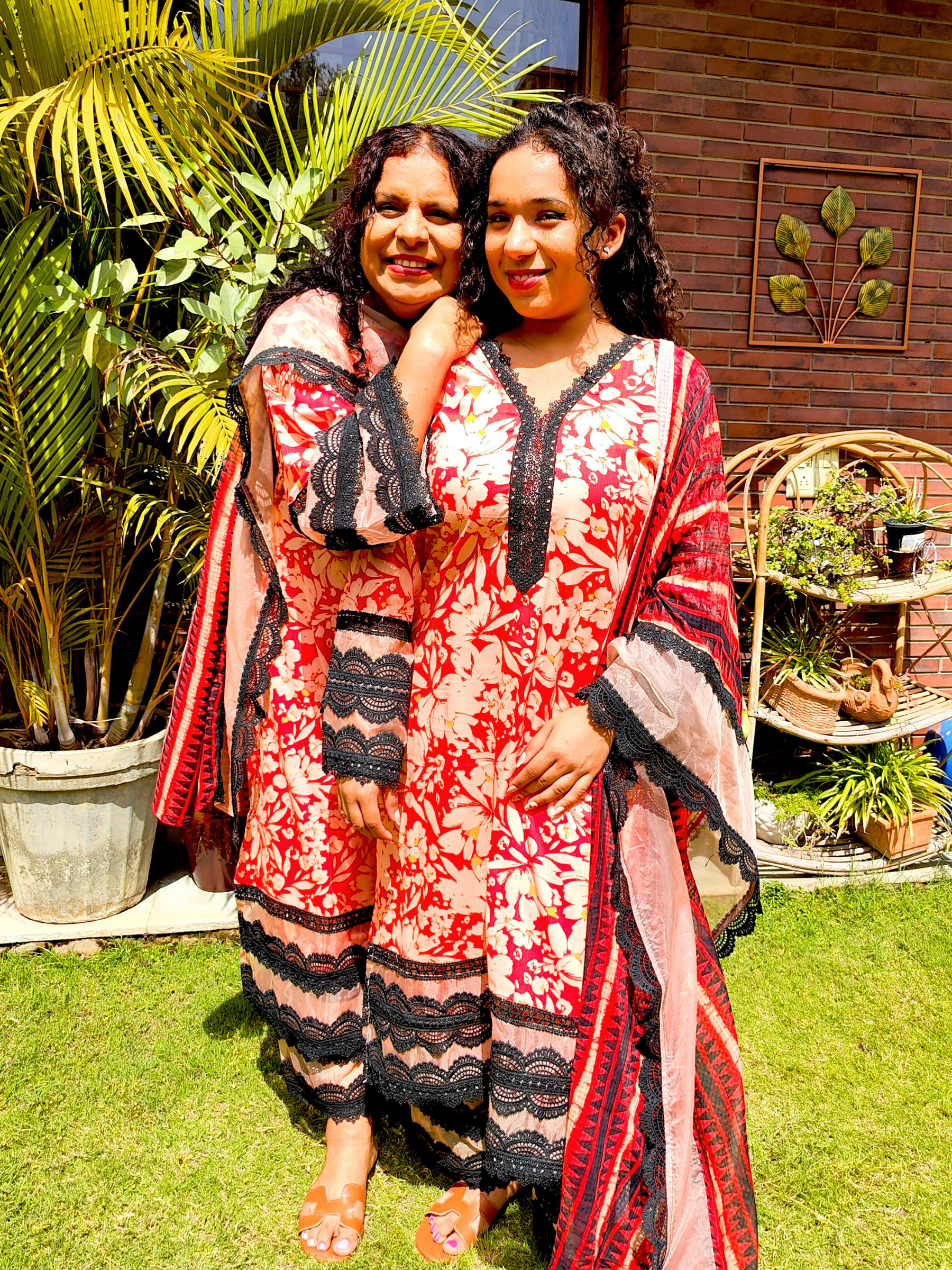 Orange Cotton Black Italian Lace Stitched Suit Set