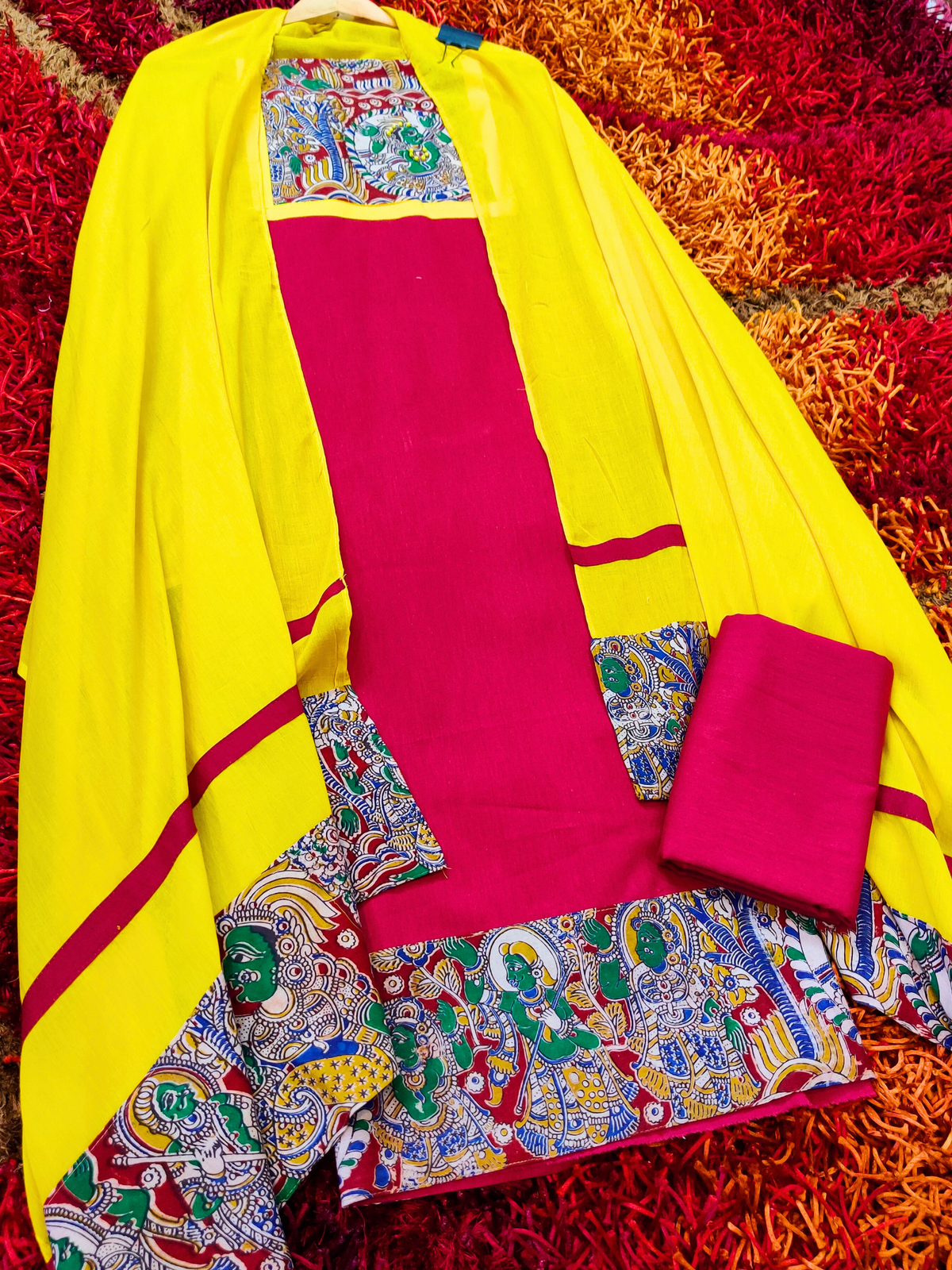 Maroon Kalamkari Cotton Unstitched Dress Material Suit Set