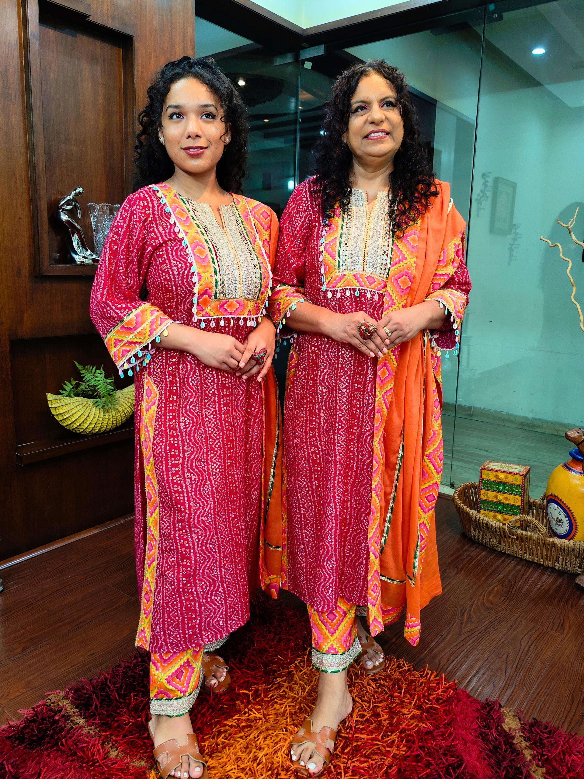 Magenta Bandhej Silver Gota Cotton Stitched Suit Set