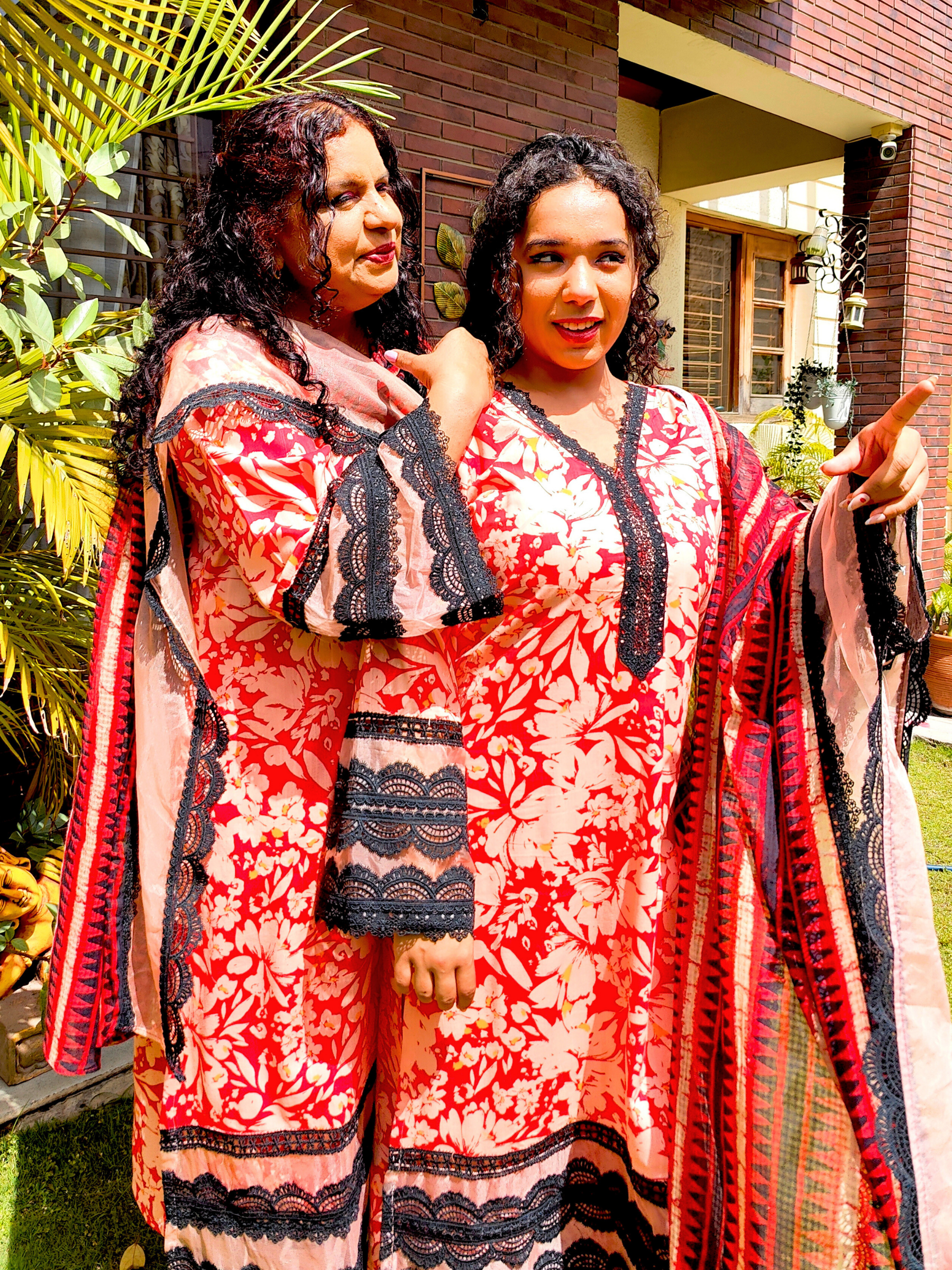 Orange Cotton Black Italian Lace Stitched Suit Set