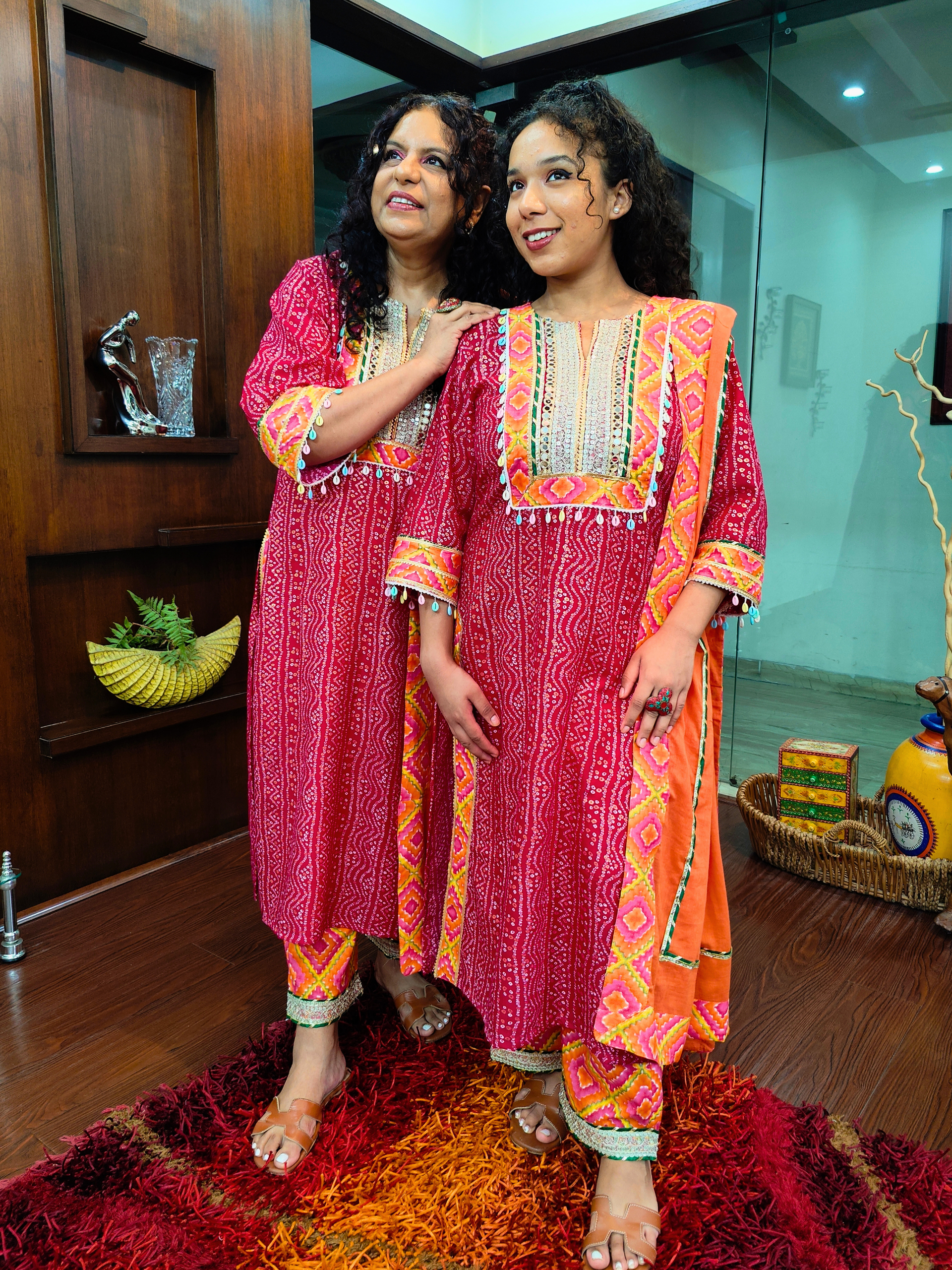 Magenta Bandhej Silver Gota Cotton Stitched Suit Set