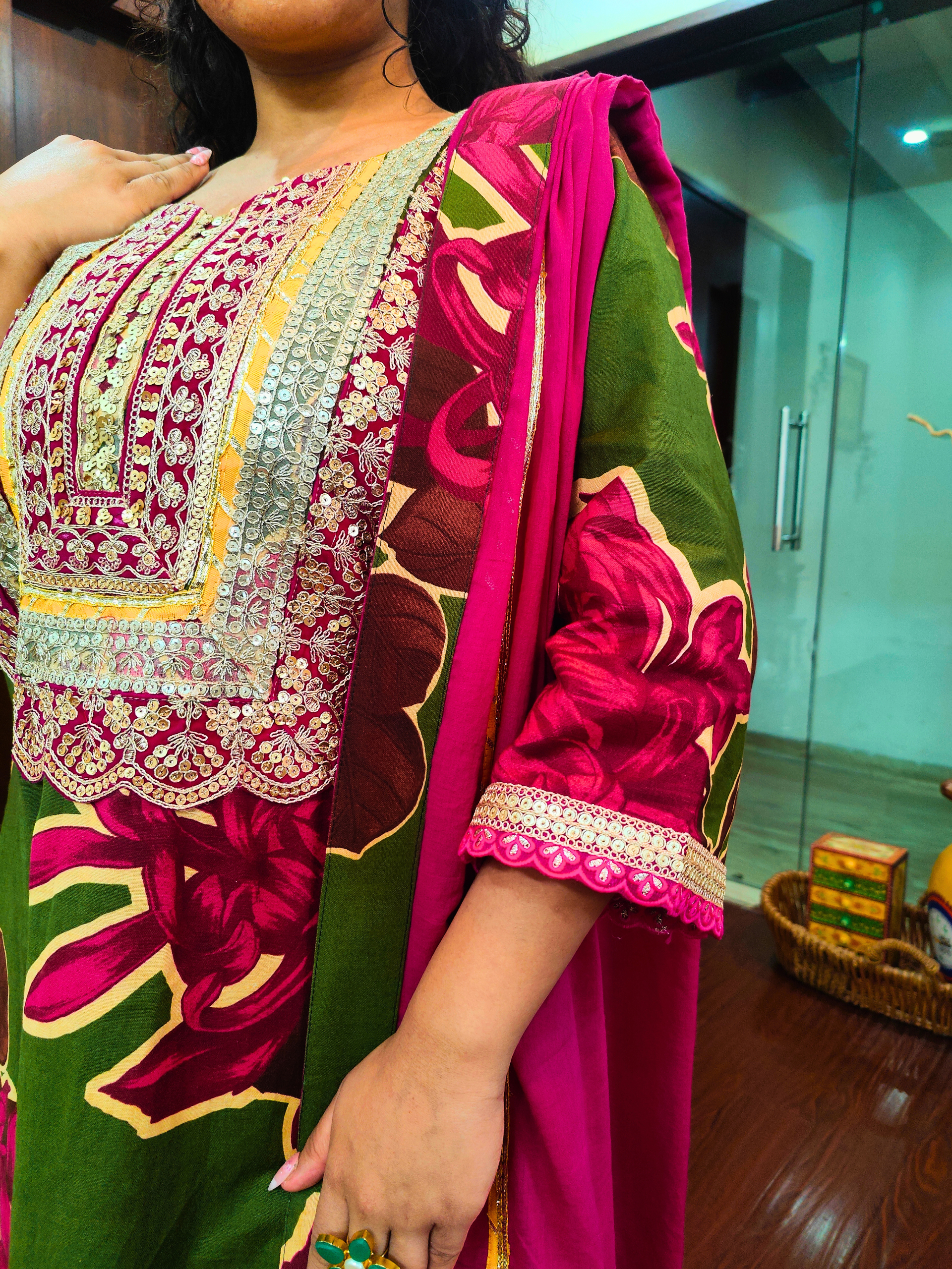 Green Digital Printed Magenta Embroidered Gota Cotton Stitched Suit Set